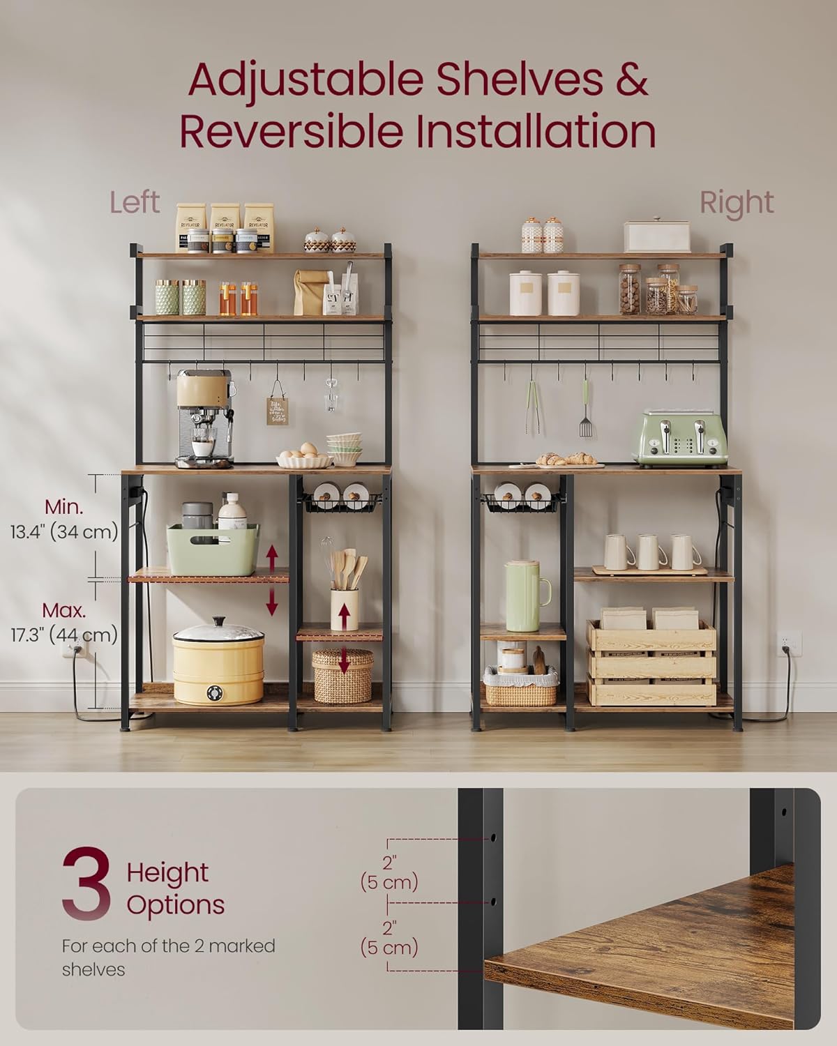 VASAGLE Bakers Rack with Power Outlet, 35.4 Inches Microwave Stand, Coffee Bar, 4 AC Outlets, with Adjustable Shelves, 8 S-Hooks, Basket, Spice Racks, Rustic Brown and Ink Black UKKS031K01