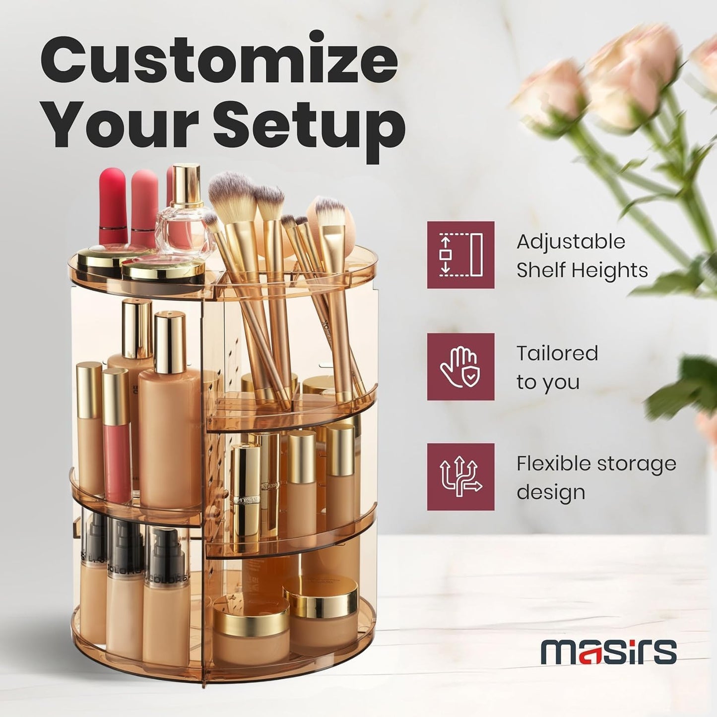 Masirs 360 Rotating Makeup Organizer - Adjustable Shelf Height and Fully Rotatable - The Perfect Round Spinning Cosmetic Organizer for Bedroom Dresser or Vanity Countertop Storage (Brown)
