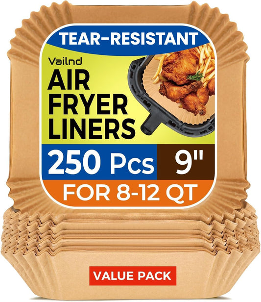 Vailnd Air Fryer Disposable Paper Liners 9inch Square, 125PCS Non-Stick Food Grade Air Fryer Parchment Paper, Oil Resistant & Waterproof Baking Liner for 8-12 QT Oven