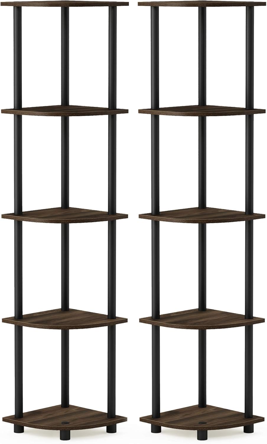 Furinno TURN-N-TUBE Corner Shelf Set of 2, 5-Tier Corner Bookshelf, Open Storage Shelves, for Organization and Storage, Living Room, Home Office, Garage, Columbia Walnut