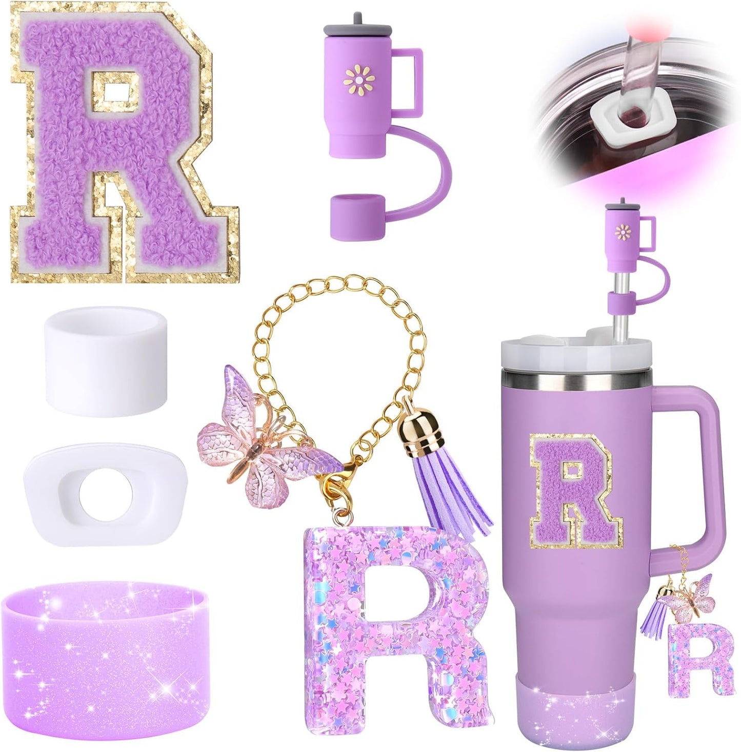 Mity rain 6PCS Cup Accessories Set for Stanley Cup 30oz 40oz tumbler with handle, Including Silicone Straw Topper Cover Cap and Boot, Spill Proof Stopper, Handle Charm, Initials Sticker (Letter R)