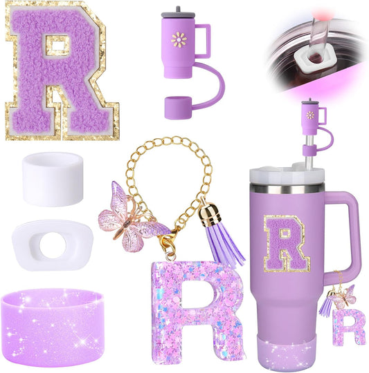Mity rain 6PCS Cup Accessories Set for Stanley Cup 30oz 40oz tumbler with handle, Including Silicone Straw Topper Cover Cap and Boot, Spill Proof Stopper, Handle Charm, Initials Sticker (Letter R)