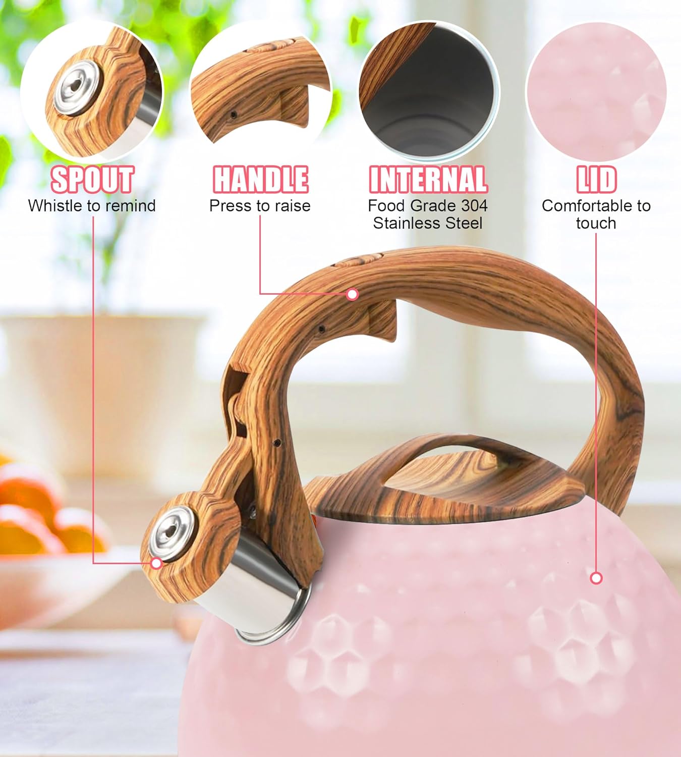 Whistling Tea Kettle,3.2Qt Stainless Steel Stove Kettle, Food Grade Teapot with Wood Pattern Handle for Coffee, Milk etc, Gas Electric Applicable (Pink)