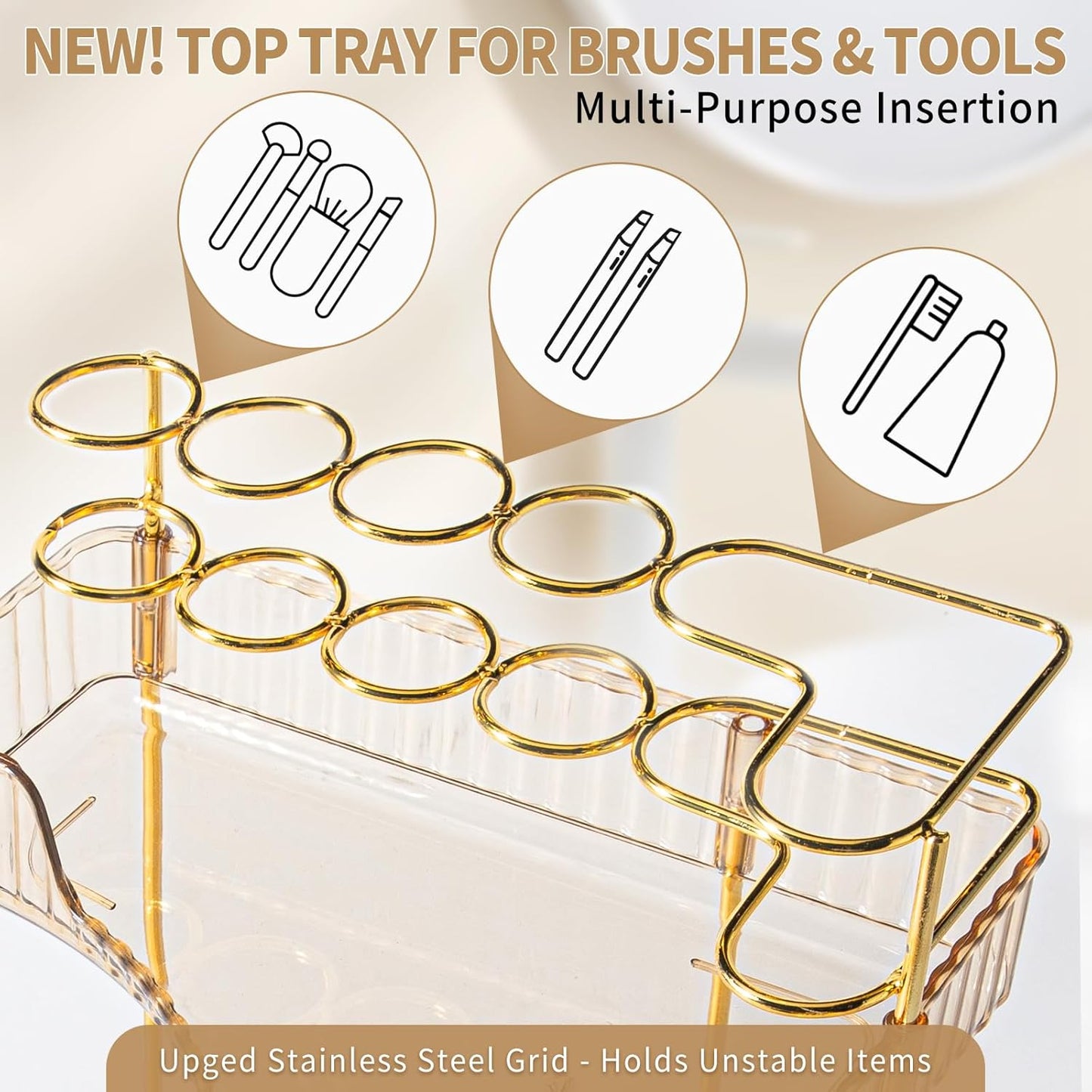 Upgraded 3-Tier Corner Bathroom Countertop Organizer – Spacious Storage for Makeup, Skincare & Perfumes, Built-in Brush Holder Fits Vanity/Dresser/Bsthtub (Vintage Gold)