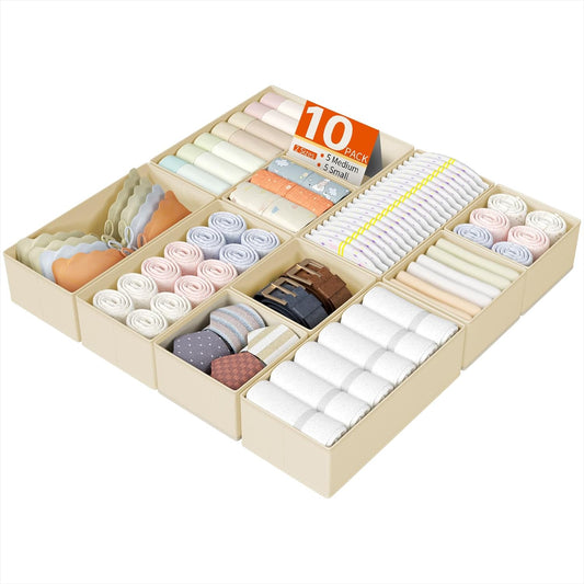 DIMJ Drawer Organizers Clothes, Set of 10 Dresser Organizer Bins, Fabric Closet Organizers and Storage, Shallow Drawer Dividers for Nursery, Clothing, Baby Clothes, Socks, Underwears, Tie (Beige)