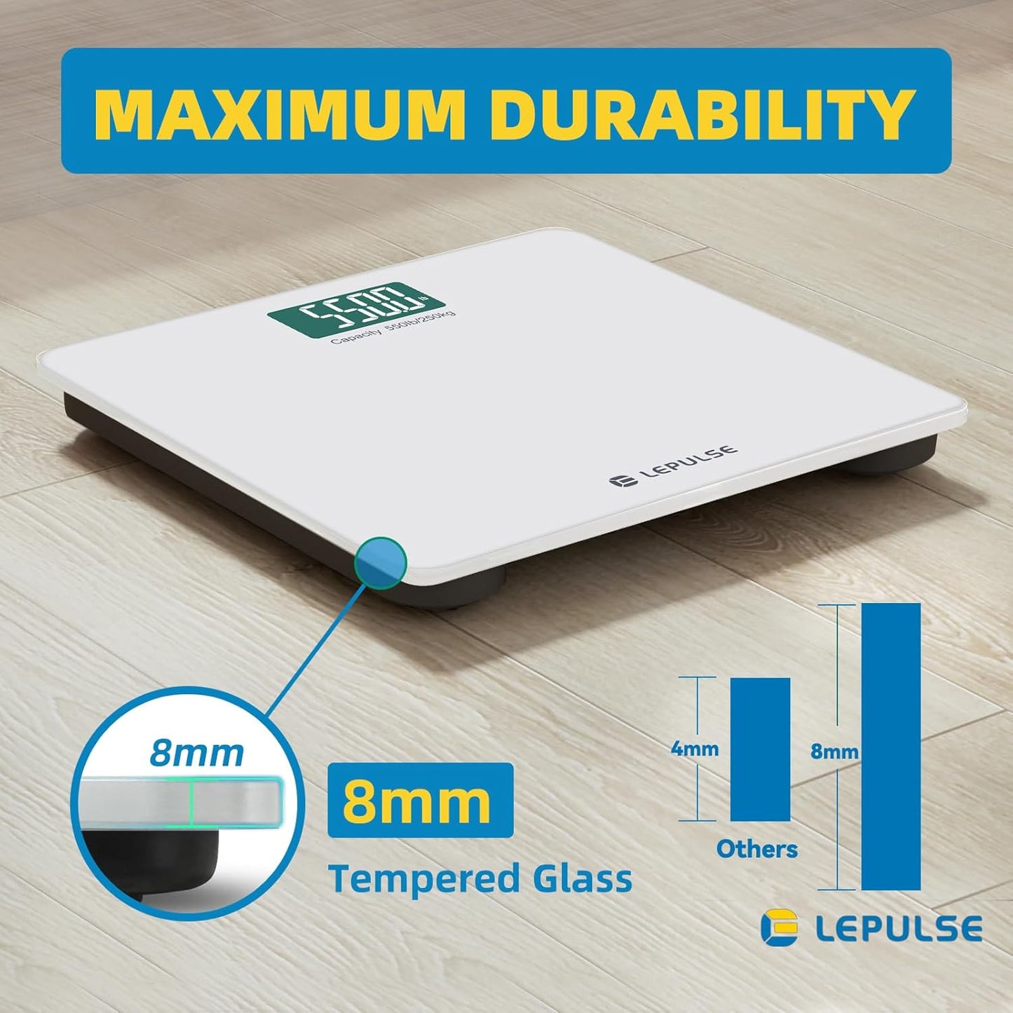 LEPULSE 550lb Bathroom Digital Scale for Body Weight BMI, Extra Wide Platform High Capacity Large Backlit Display, Most Accurate Bathroom Scale up to 500 lbs Weight Scale with APP, 8mm Tempered Glass