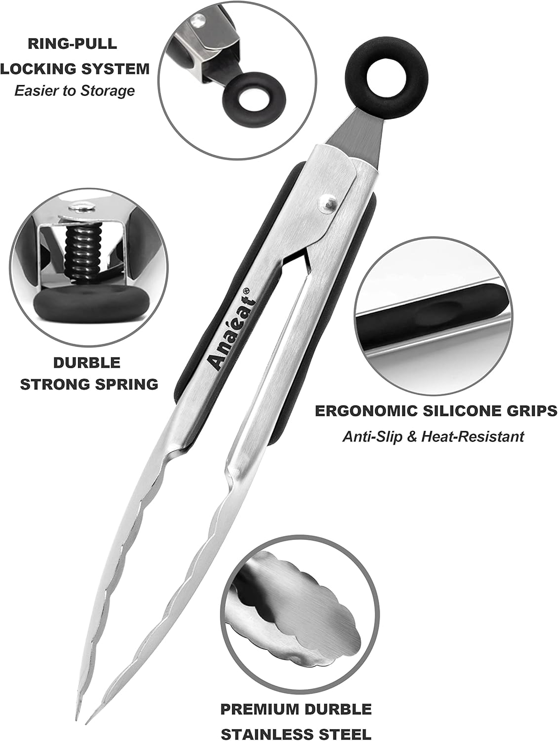 Anaeat 3 Pack 7" Mini Stainless Steel Cooking Tongs - Sturdy Coiled Spring Locking Kitchen Food Tong with Non-Slip Silicone Grip for Serving, Cooking, Baking - Heat Resistant up to 480°F (Black)