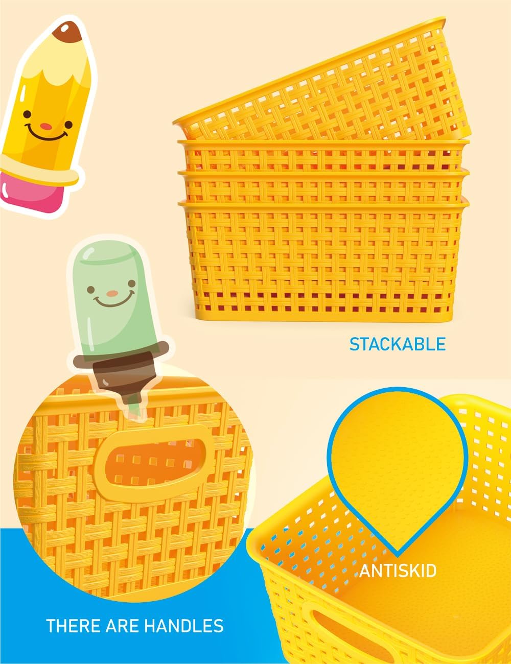 WYT 6-Pack Plastic Small Shelf Storage Weave Baskets Organizing for Cabinets and Pantries, Yellow