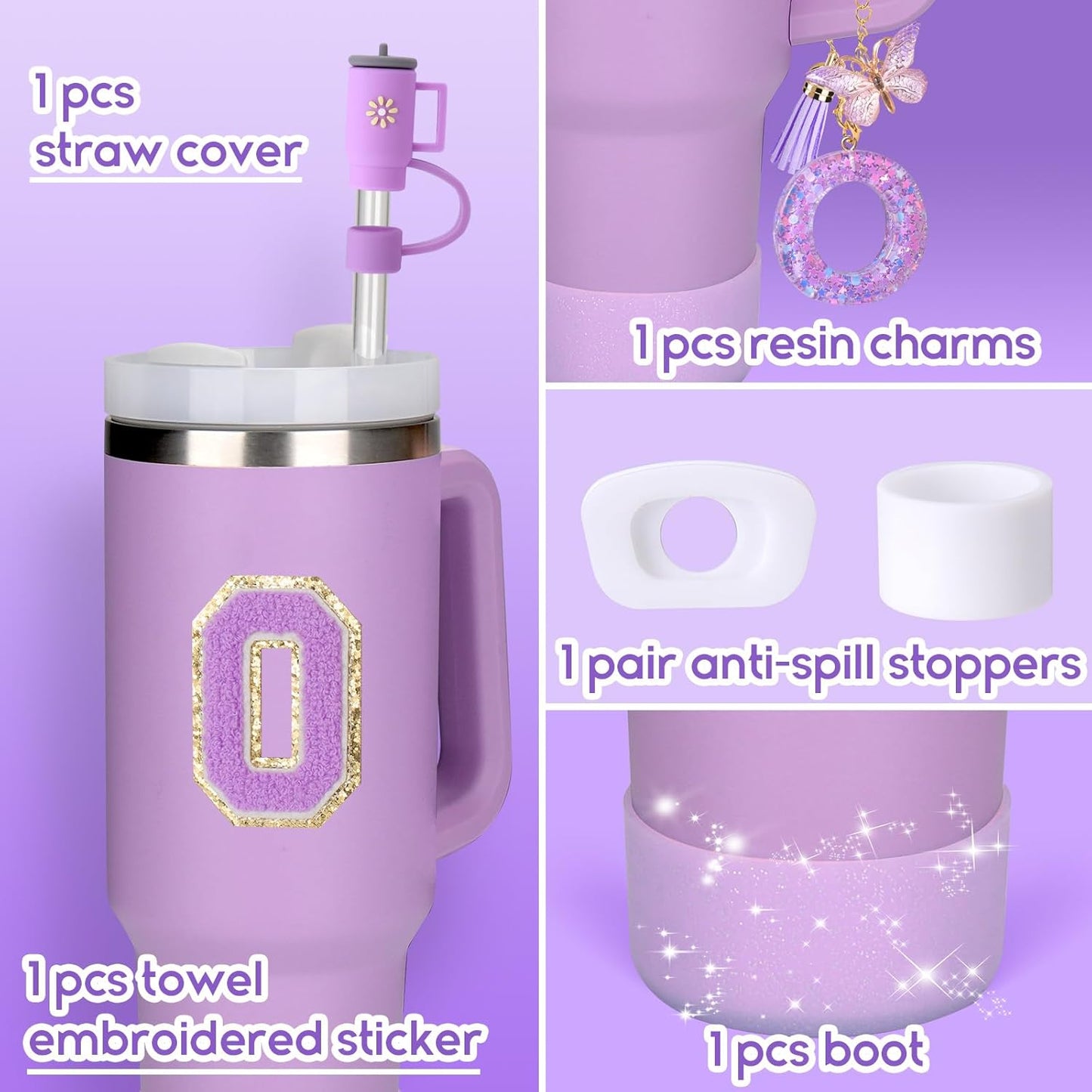 Mity rain 6PCS Cup Accessories Set for Stanley Cup 30oz 40oz tumbler with handle, Including Silicone Straw Topper Cover Cap and Boot, Spill Proof Stopper, Handle Charm, Initials Sticker (Letter O)