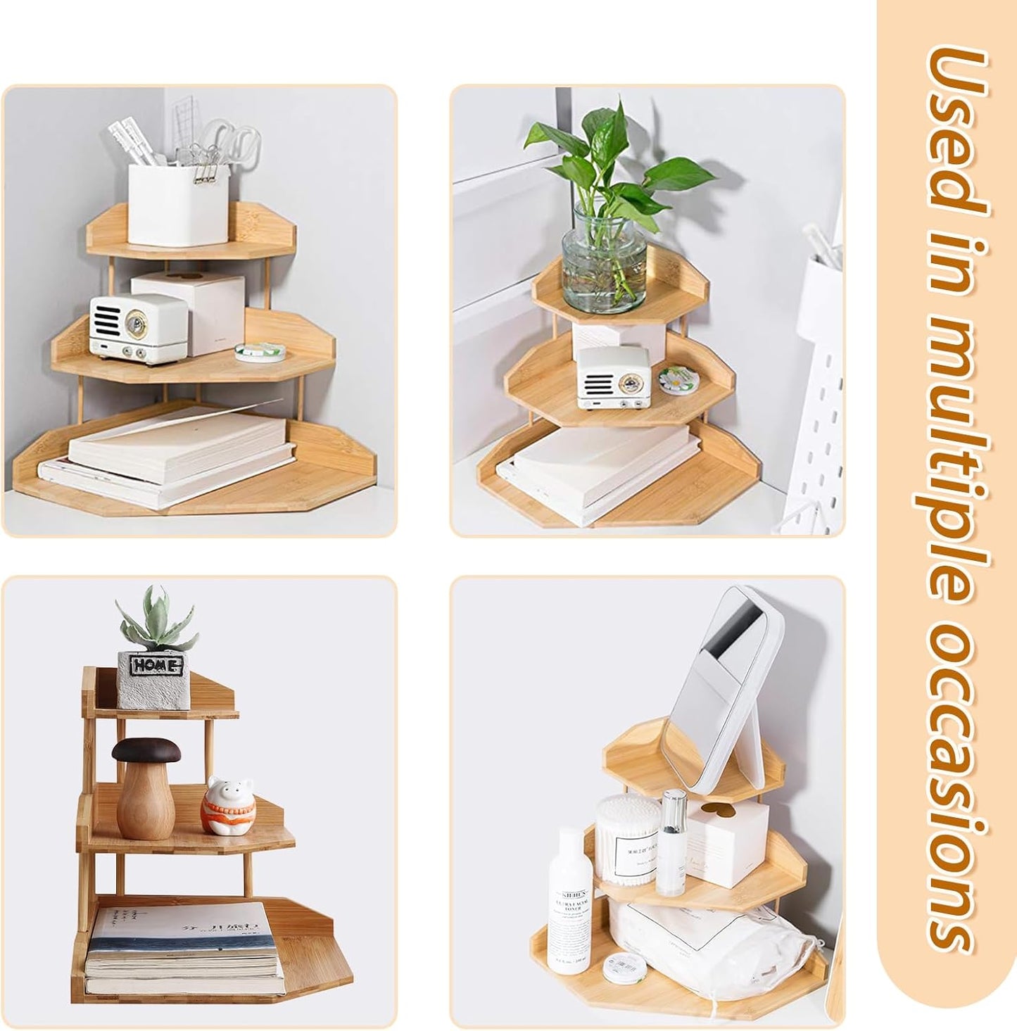 HYNAWIN Bamboo Spice Rack Corner Shelves-3 Tier Standing Pantry Shelf for Kitchen Counter Storage,Bathroom Countertop Storage Organizer-Irregular Pattern Desk Bookshelf