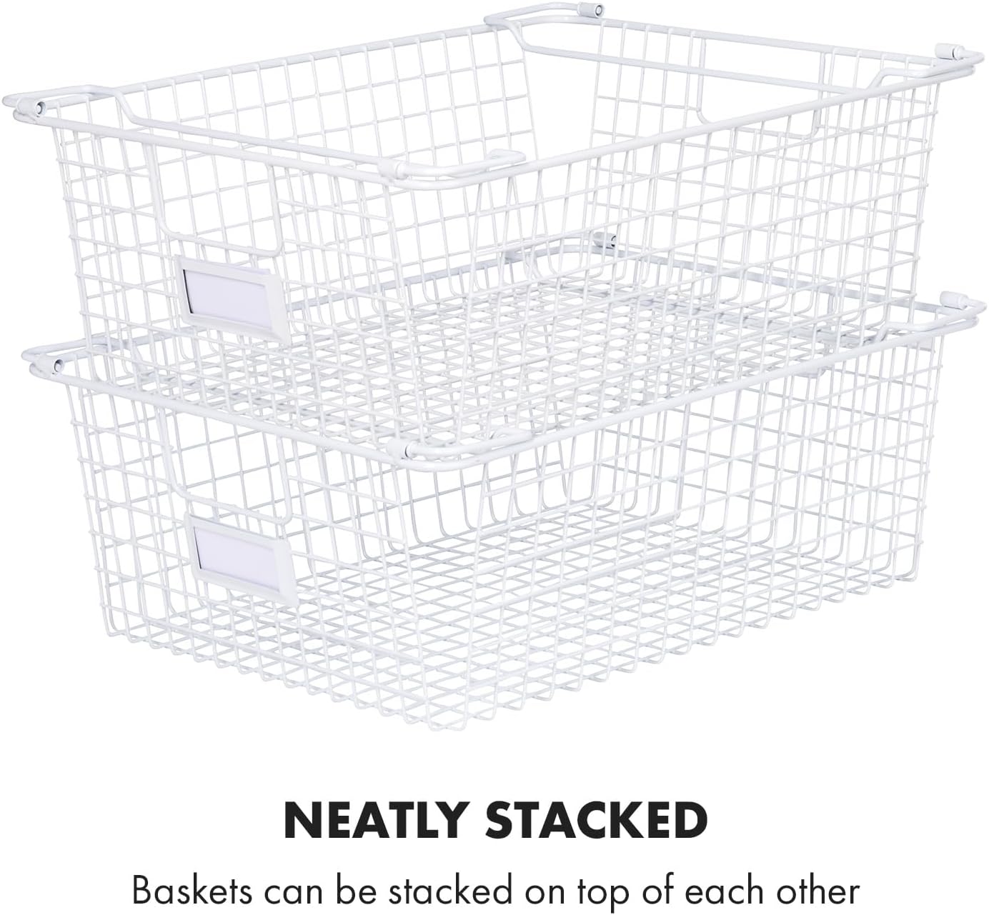 Granrosi Extra Large Stackable Wire Baskets for Organizing — Set of 2 White Wire Storage Baskets with Handles; Snacks & Chips Organizer for Pantry; XL Metal Storage Bins for Pantry