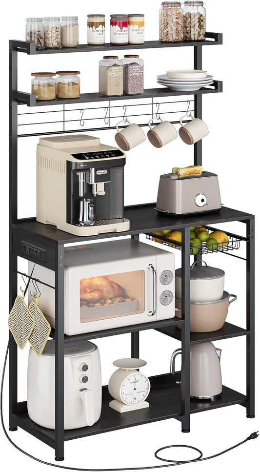 VASAGLE Bakers Rack with Power Outlet, 35.4 Inches Microwave Stand, Coffee Bar, 4 AC Outlets, with Adjustable Shelves, 8 S-Hooks, Basket, Spice Racks, Charcoal Gray and Ink Black UKKS031B22