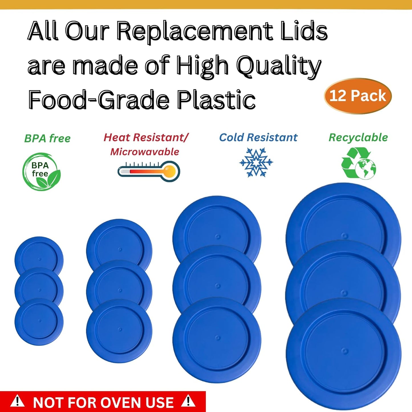 1, 2, 4 & 7 Cup Blue Replacement Lids/Covers for Pyrex, Anchor Hocking & KlareWare Storage Bowls *Lids Only Glass Container Not Included* (12 Pack *Three of Each Size*)