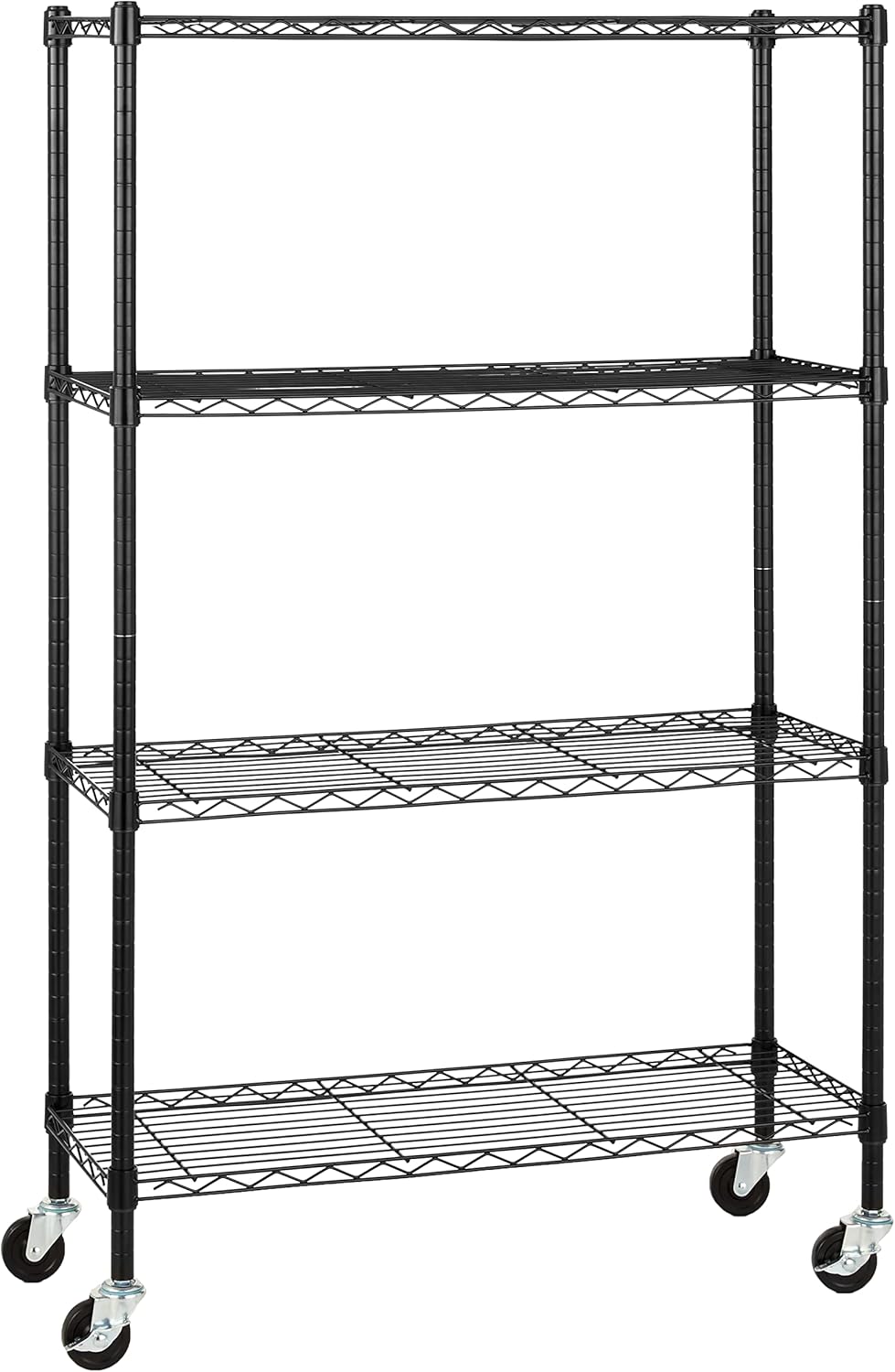 Amazon Basics 4-Shelf Adjustable, Heavy Duty Storage Shelving Unit on 3'' Wheel Casters, Metal Organizer Wire Rack, 36" L x 14" W x 57.75" H, Black