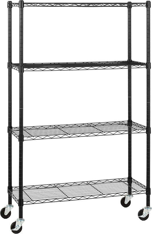 Amazon Basics 4-Shelf Adjustable, Heavy Duty Storage Shelving Unit on 3'' Wheel Casters, Metal Organizer Wire Rack, 36" L x 14" W x 57.75" H, Black