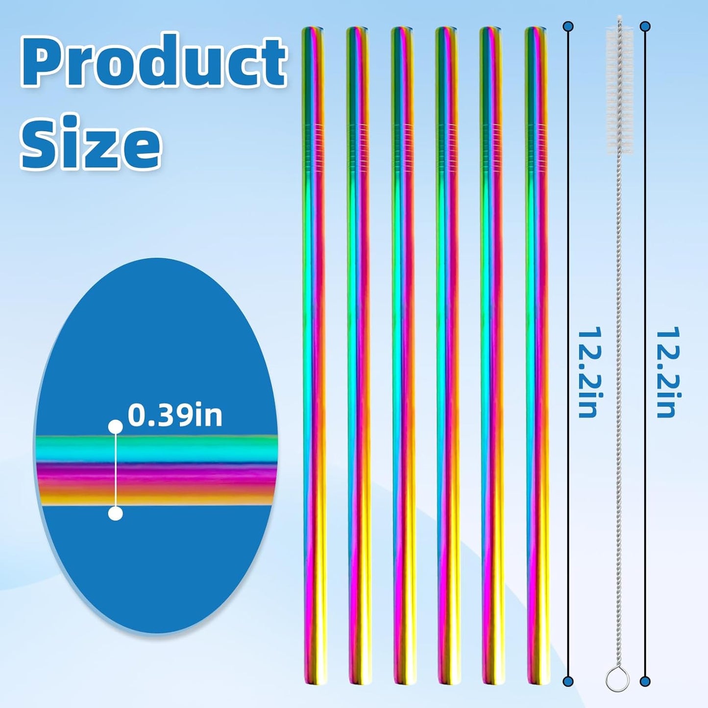 Stainless Steel Straws for Owala Insulated Bottle 40oz Tumbler 6x Metal Replacement Straws 10mm with Cleaning Brush for Owala 40oz (Colorful, 6x Straight 10mm)