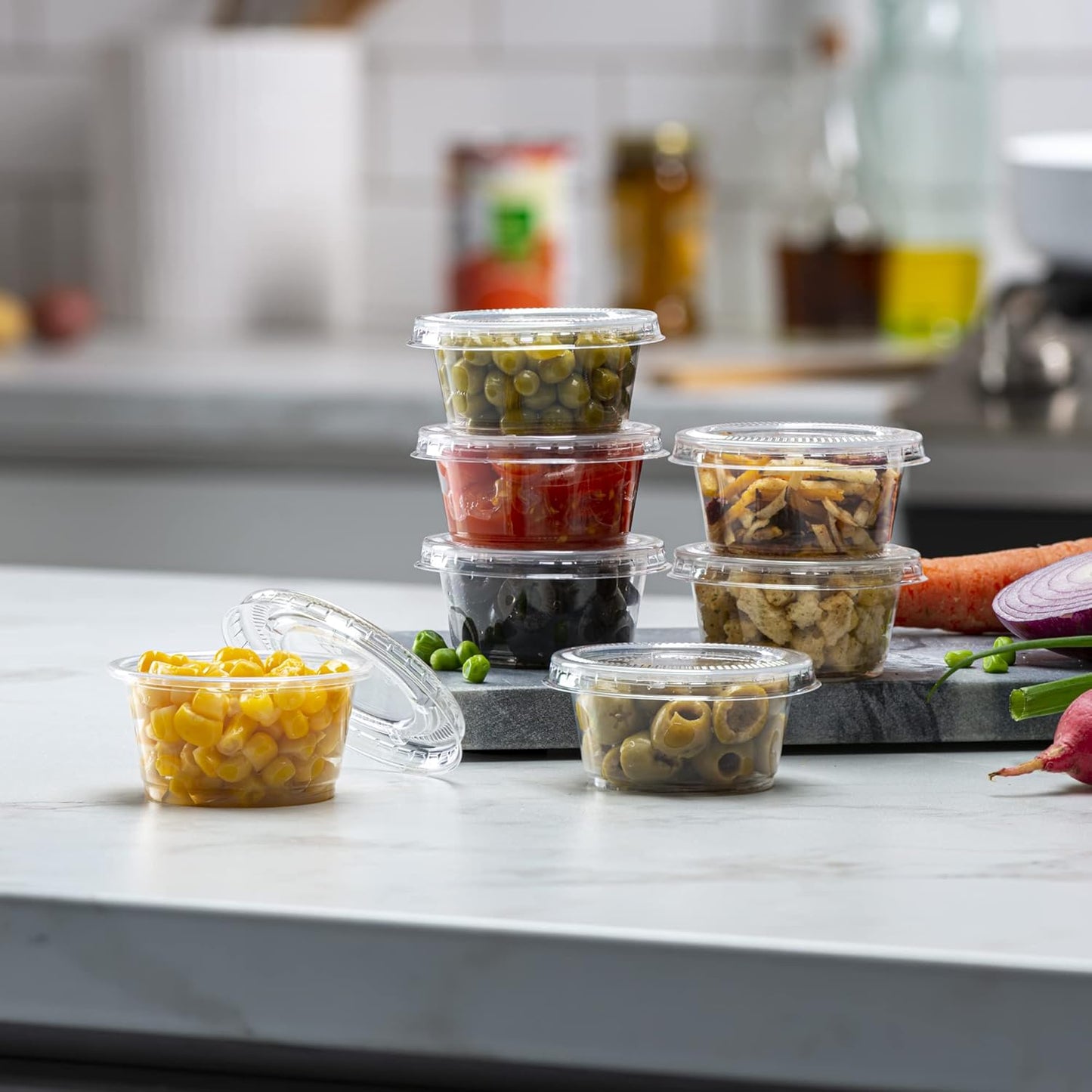 (2 oz - 100 Sets) Clear Diposable Plastic Portion Cups With Lids, Small Mini Containers For Portion Controll, Jello Shots, Meal Prep, Sauce Cups, Slime, Condiments, Medicine, Dressings, Crafts,