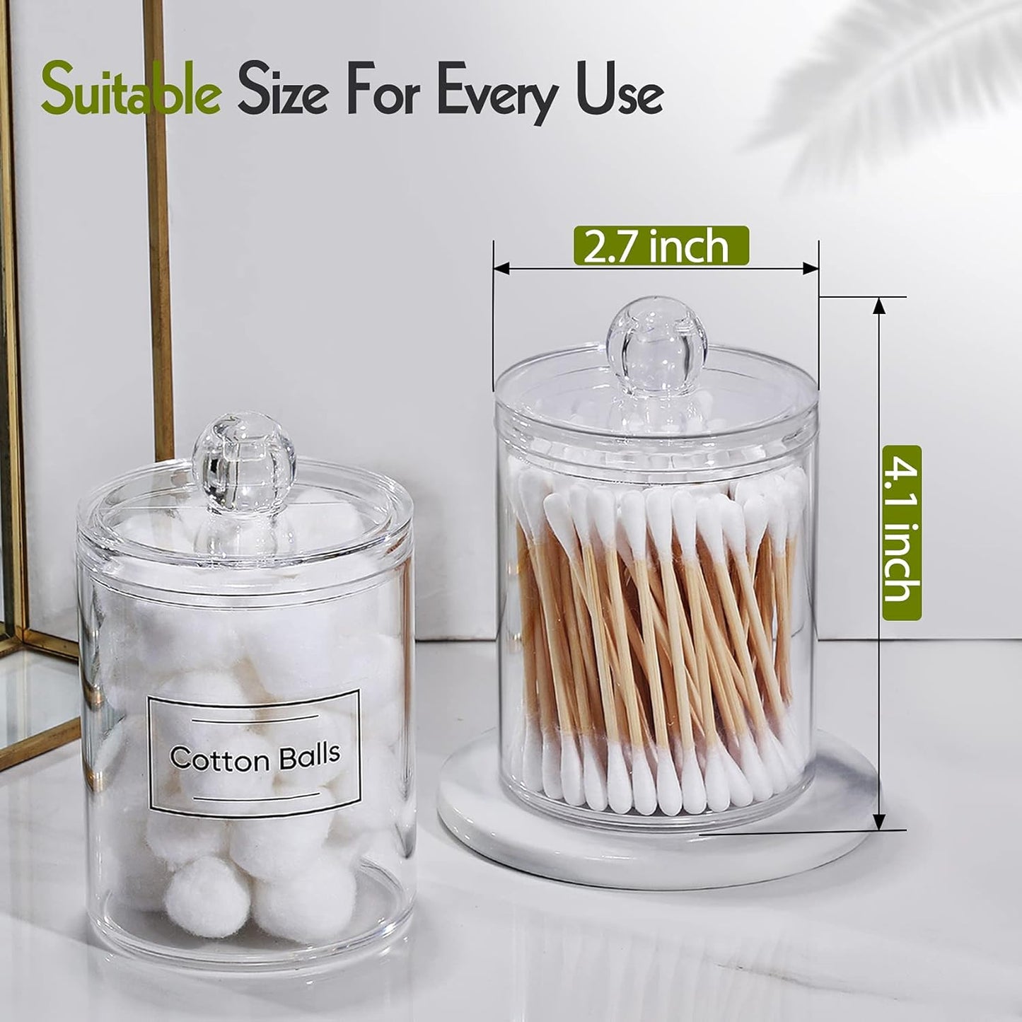 2 Pack Acrylic Qtip Holder Dispenser for Cotton Swabs, Balls, Pads, Floss Picks- Small Clear Plastic Canister Apothecary Jar Set, Bathroom Essentials Accessories Decor, Vanity Makeup Storage Organizer