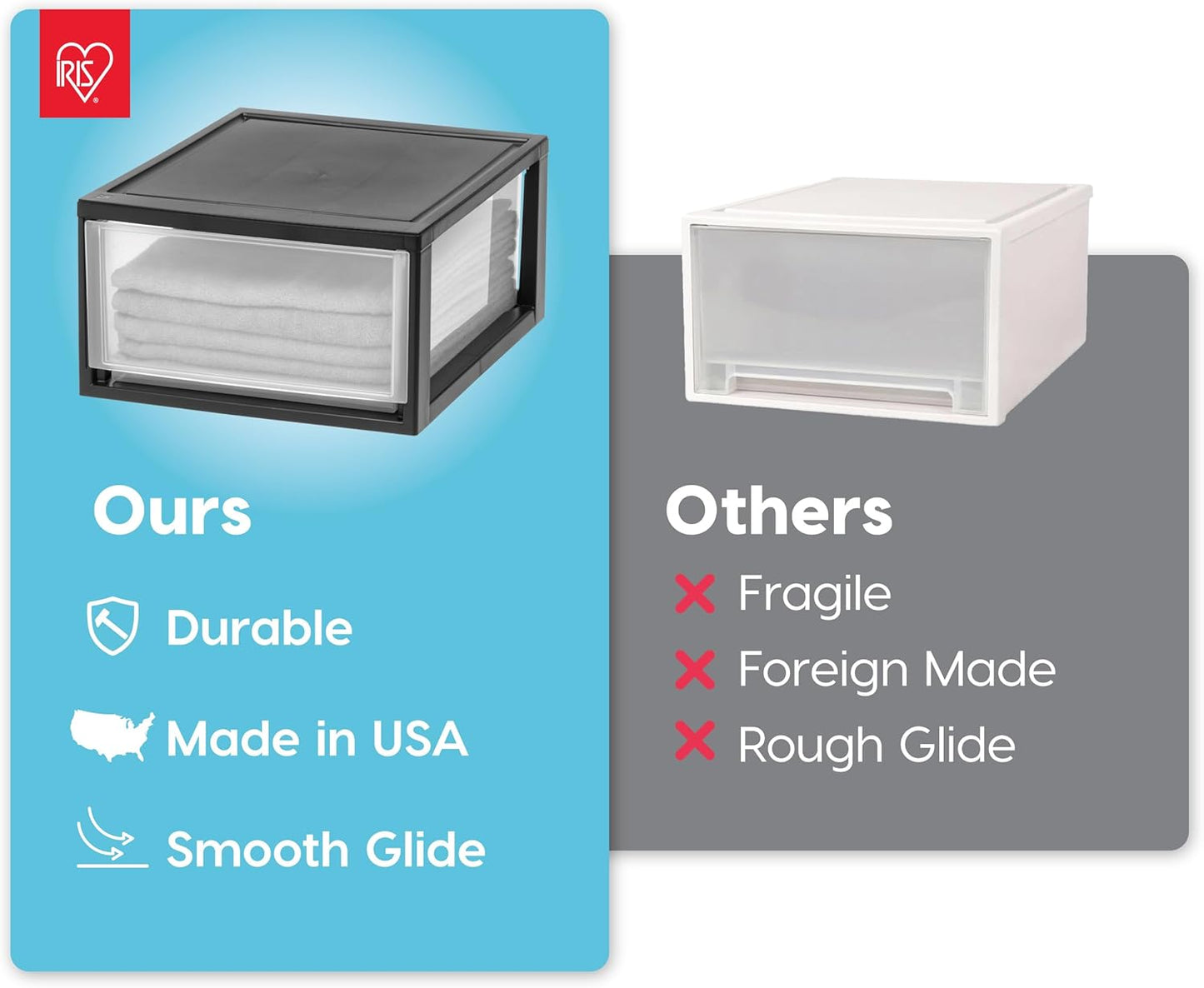 IRIS USA 30 Qt. Plastic Drawer Storage Organizer Stacking Drawers, 2-Pack, Stackable Unit with Sliding Drawer for Clothes Bedroom Kitchen Under Sink Pantry Craft Room Bathroom Dorm Office, Black