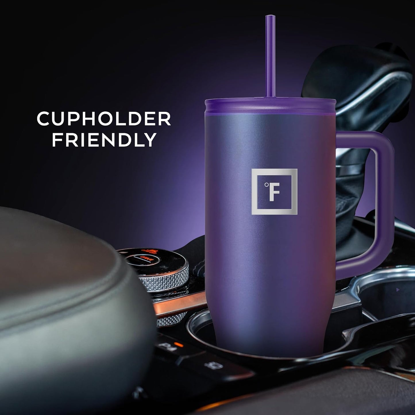 IRON °FLASK Co-Pilot Insulated Mug w/Straw & Flip Cap Lids - Cup Holder Bottle for Hot, Cold Drink - Leak-Proof - Water, Coffee Portable Travel Mug - Dark Rainbow, 40 Oz