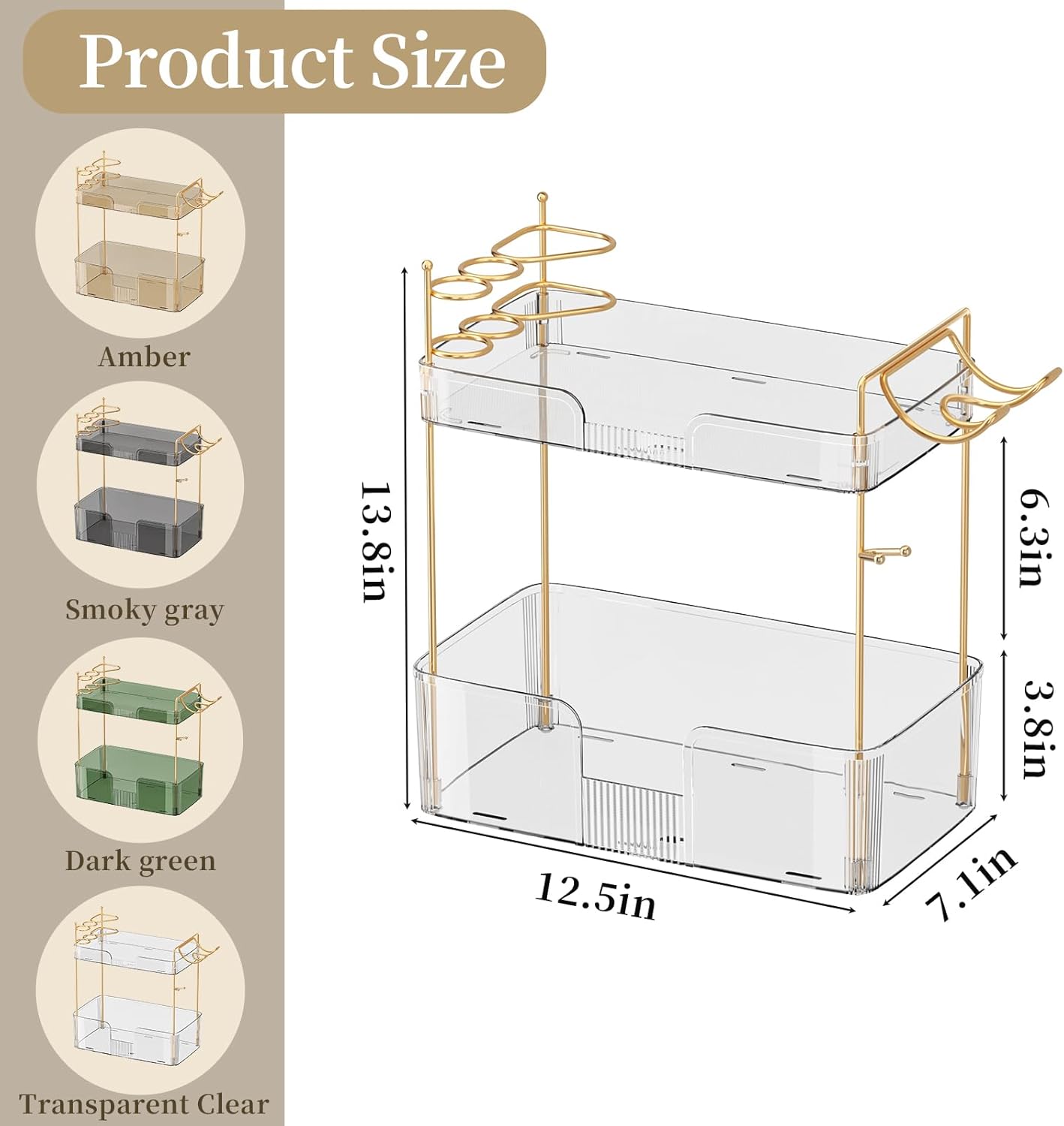 2-Tier Bathroom Counter Organizer with Hair Dryer Holder, Modern Style, Cosmetics & Skincare Shelf Organizer