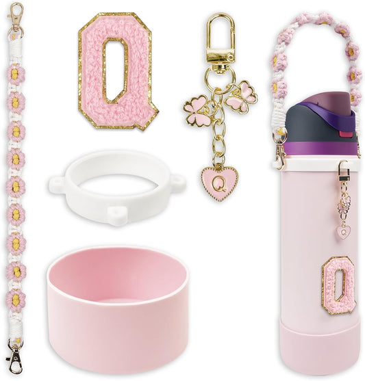 SITKOL Silicone Boot Cute Monogram Set Compatible with Owala Water Bottle 24 oz, 32 oz, 40 oz - Perfect Letter Owala Accessories for Owala Tumbler, Owala Free Sip, Pink Owala, Black Owala