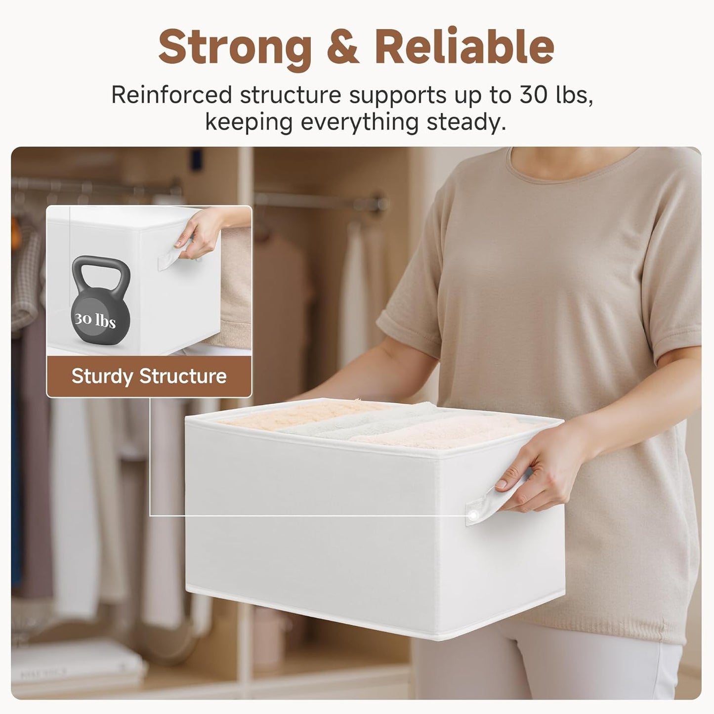 StorageWorks Storage Baskets for Shelves, Foldable Fabric Closet Storage Bins with Handles, Fabric Storage Bins Clothes Organizer, White, 3-Pack, Large