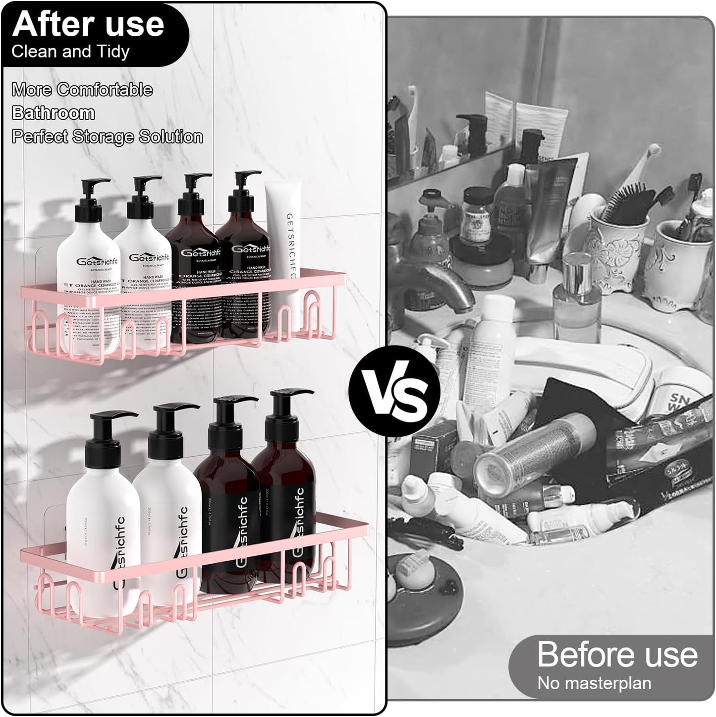 2025 New Adhesive Shower Caddy, Shower Shelves with 16 Hooks, Pink 2 Pack