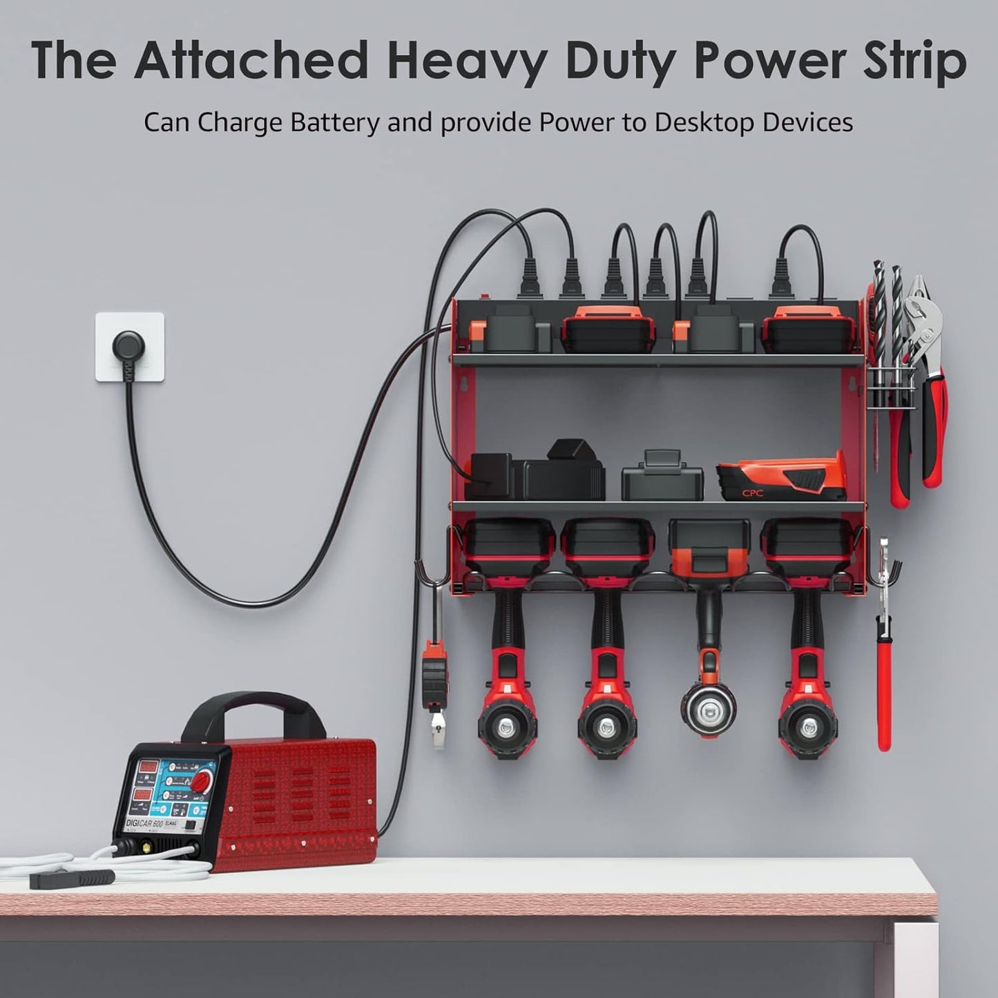 CCCEI Modular Power Tool Organizer Wall Mount with Charging Station. Garage Drill Storage Shelf with Hooks, Heavy Duty Rack, Tool Battery Holder Built in 8 Outlet. Gift for Men. Red, 2 Pack.