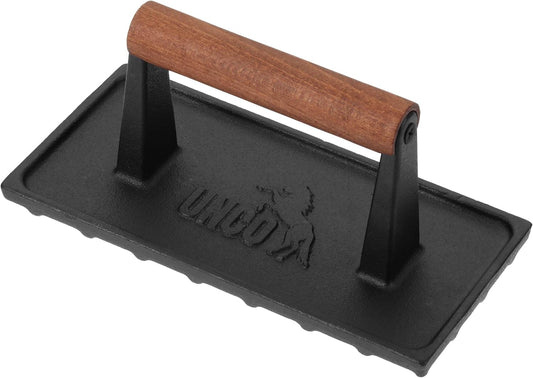UNCO- Cast Iron Grill Press, 8.5 x 4.1 Inch, 2.6 lbs, Burger Press for Griddle, Sandwich Press, Bacon Press for Griddle, Griddle Press, Meat Press Cast Iron, Hamburger Press for Griddle