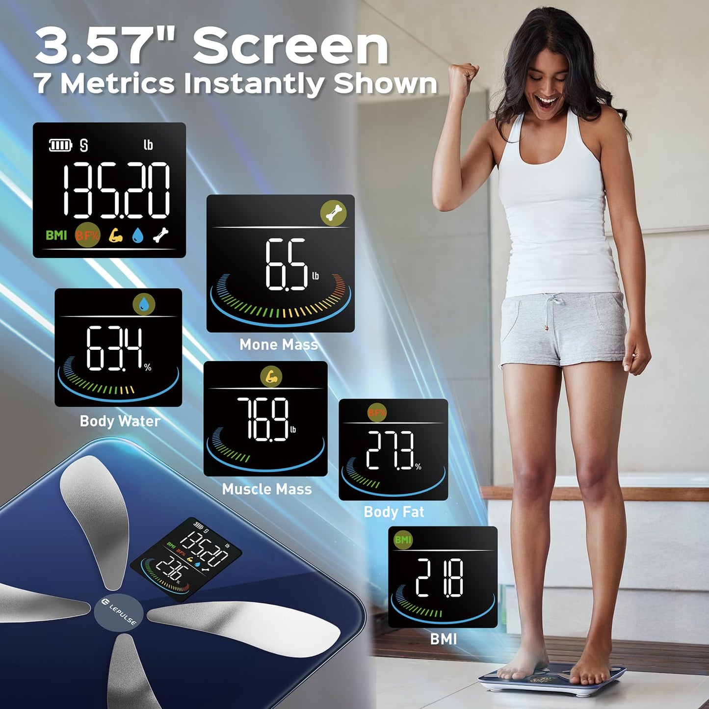 Smart Weight Scale with BMI Body Fat Muscle Mass, Lepulse Updated X-Shaped Electrode Scale for Body Weight and Fat Percentage, 13 Body Composition Scale Large Display, Digital Bathroom Scale with App