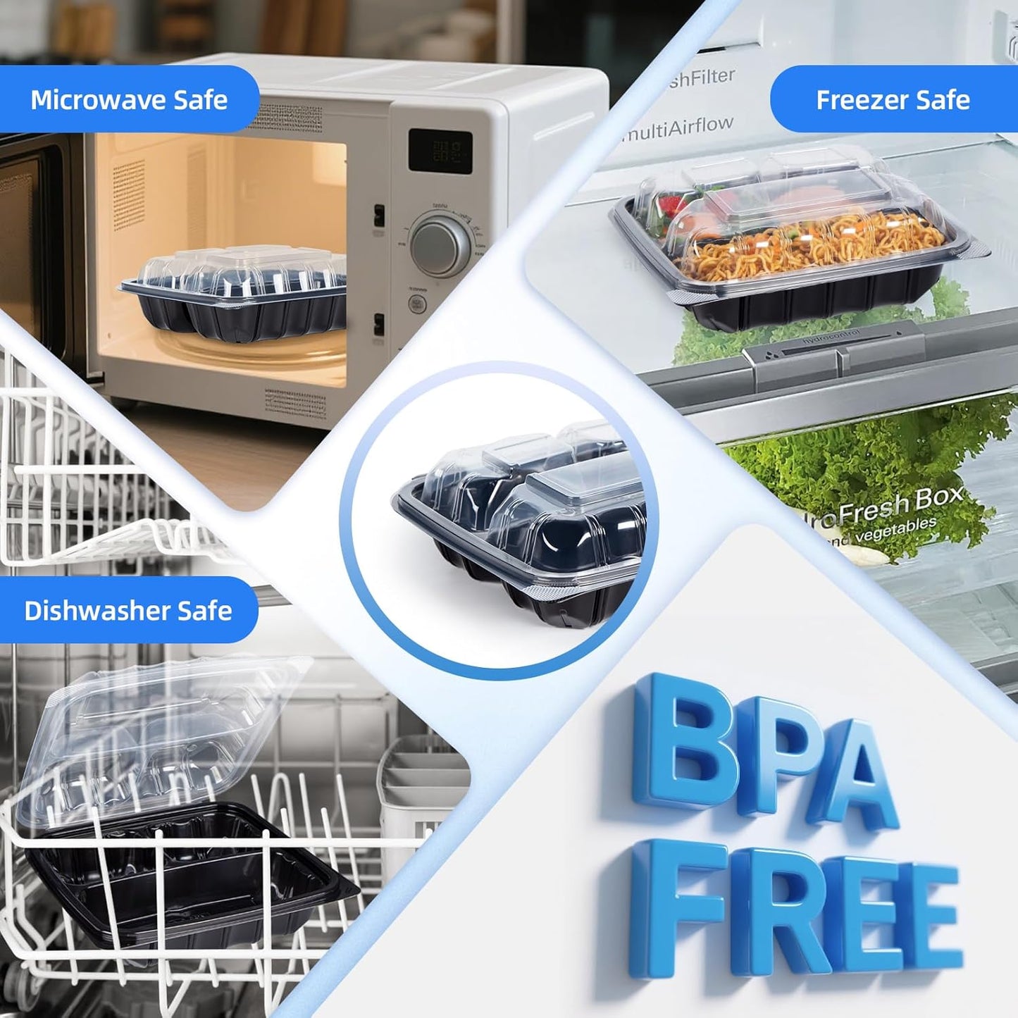 YANGRUI Food Containers 9.5" 38 oz 45 Pack - Anti Fog Lid Shrink Wrap Commercial PP BPA Free Takeout Box | Reusable & Disposable, Freezer & Microwave Safe | Restaurant 3 Compartment Plastic Container