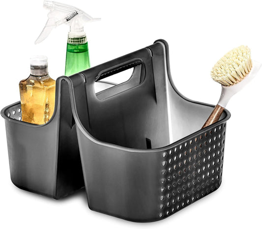 madesmart 2-Compartment Soft Grip Shower Tote for Bathroom Organization, Plastic Storage Shower Caddy Bucket, Large, Carbon