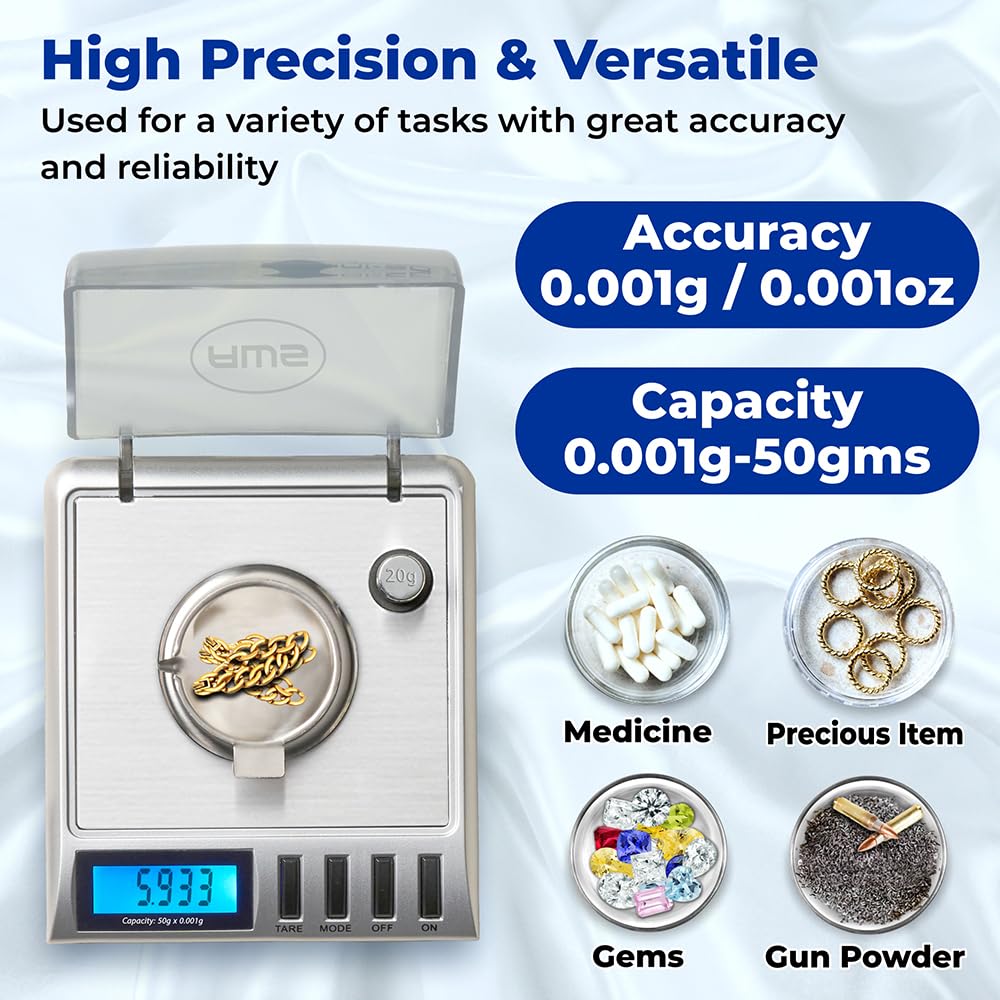 AWS Gemini-50 Milligram Scale 50g x 0.001g – Digital Jewelry/Lab Scale for Powder, Gold, Gems – Includes Calibration Weights, Tweezers & Tray – Tare, Cal, 6 Units, Pocket Size Mg Scale (Silver)