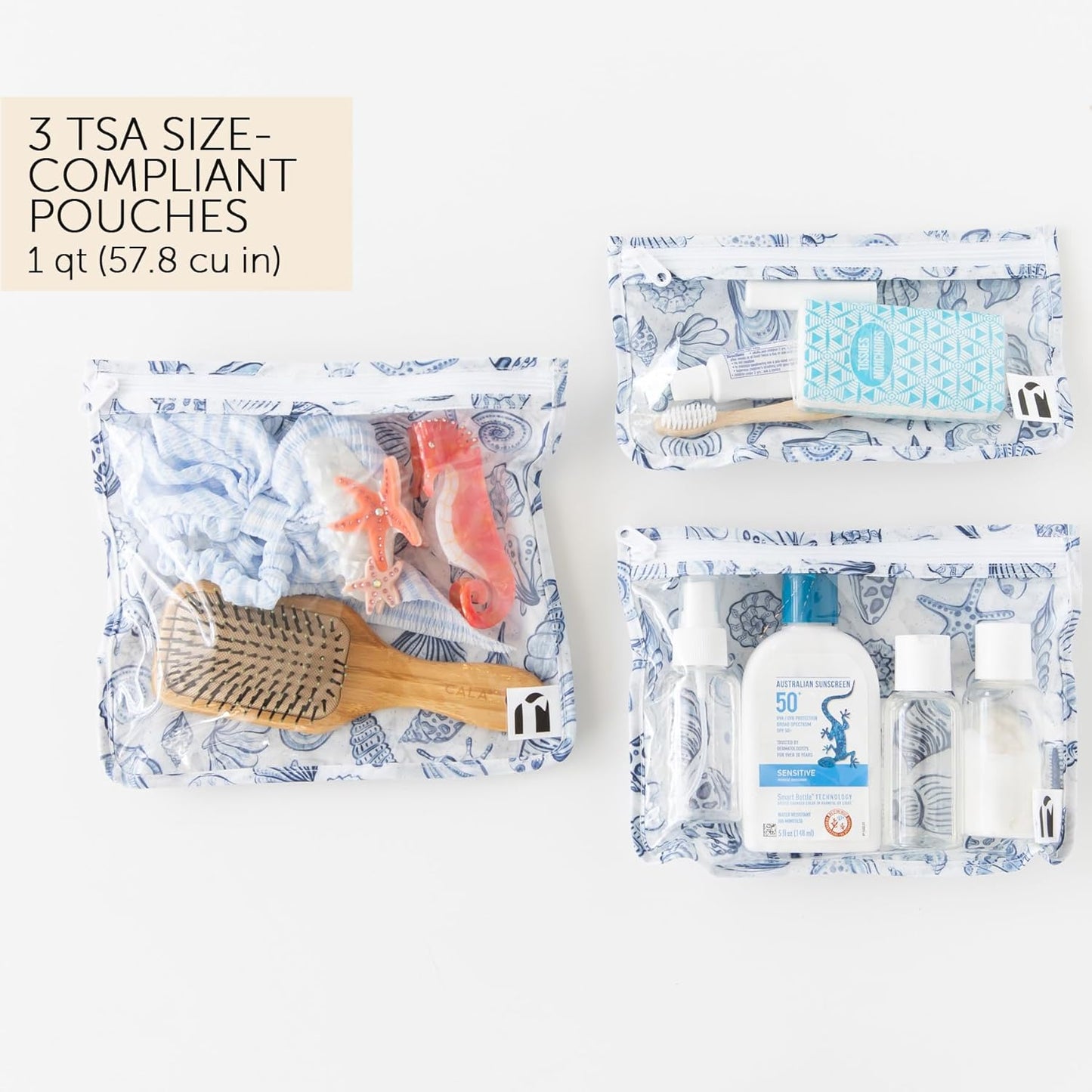 Roamio Travel Bag, Toiletry, TSA Approved Pouch, Zip Quart Size Airline Compliant, Clear-Sided, Baby, Diaper Bag Organization, Makeup, Accessories, Carry On Packing, Set of 3 Sizes, Blue Shells