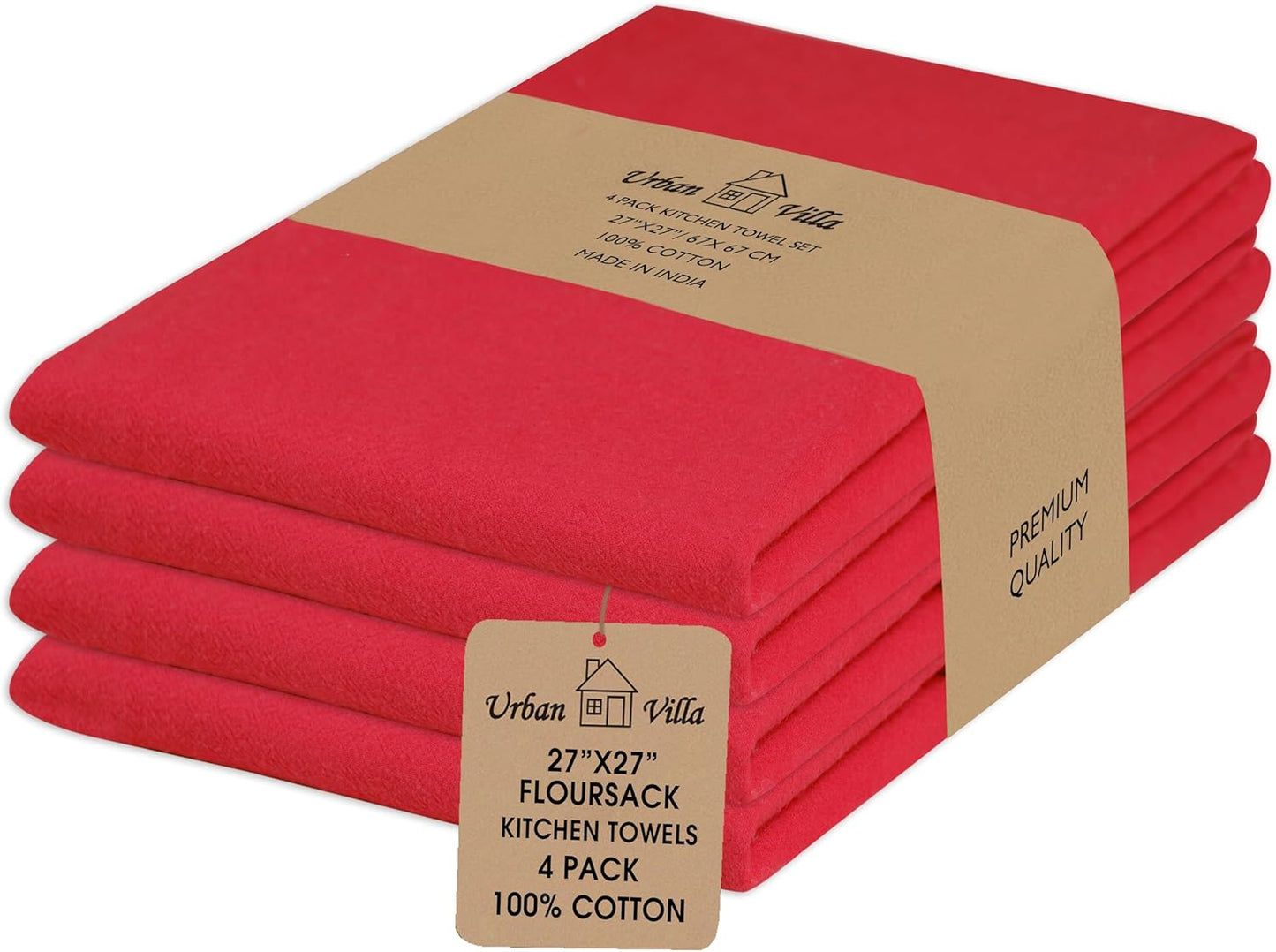 Urban Villa Flour Sack Red Kitchen Towels 100% Cotton Highly Absorbent Dish Towels for Bread Proofing Baking Drying Dinnerware Glass Embroidery DIY Projects Zero Lint 27x27 Inches (4 Pack)