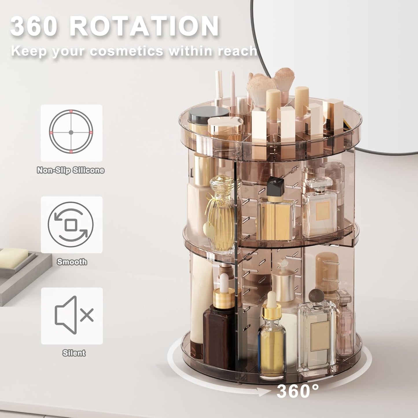 360 Rotating Makeup Organizer with Lipstick Slots, DIY 8 Adjustable Height Spinning Skincare Organizers, Brush and Perfume Storage Carousel, Cosmetic Display Case for Vanity Bathroom Countertop