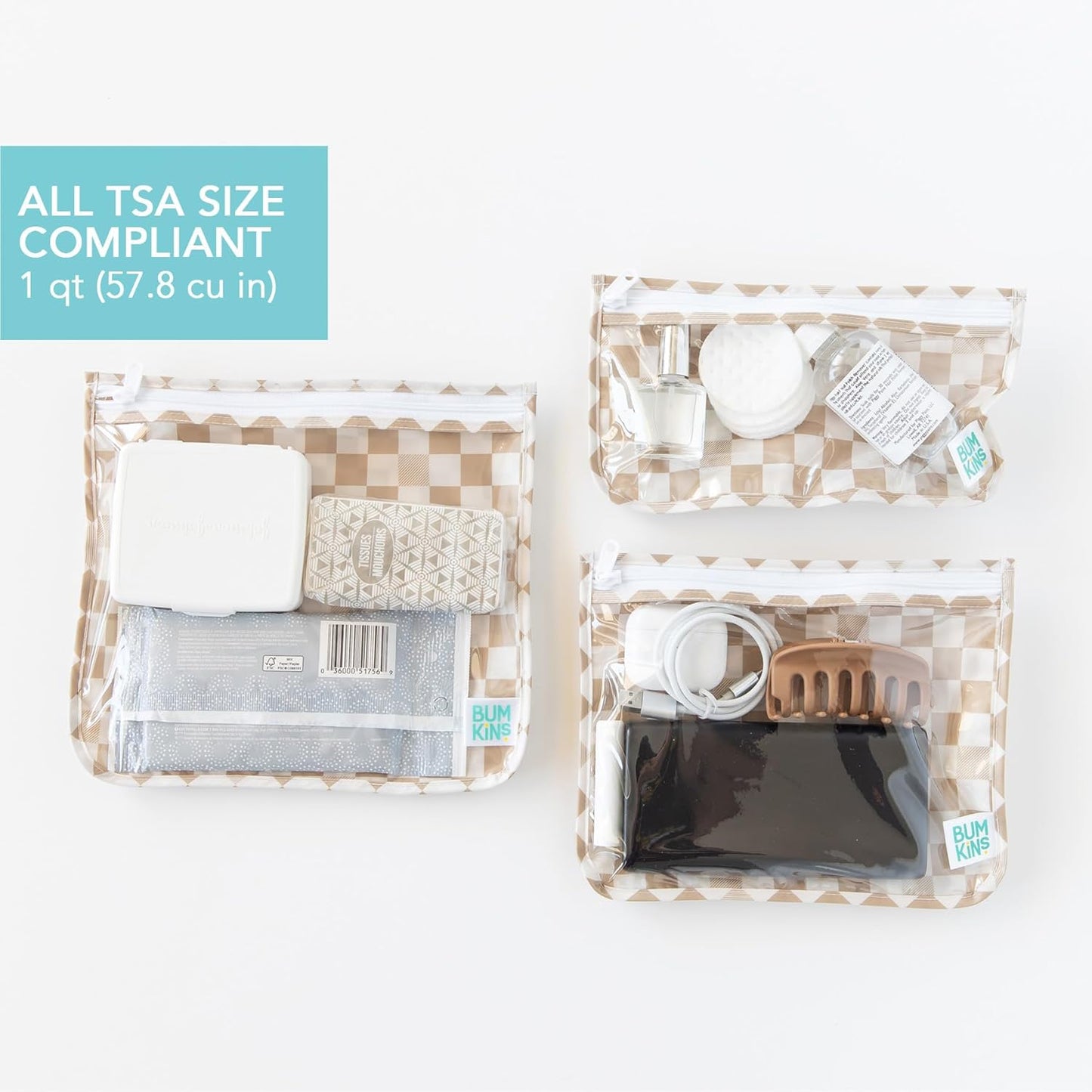 Bumkins Travel Bag, Toiletry, TSA Approved Pouch, Zip Bag, Quart Size Airline Compliant, Clear-Sided, Baby, Diaper Bag Organization, Makeup, Accessories, Packing, Set of 3 Sizes, Beige Check