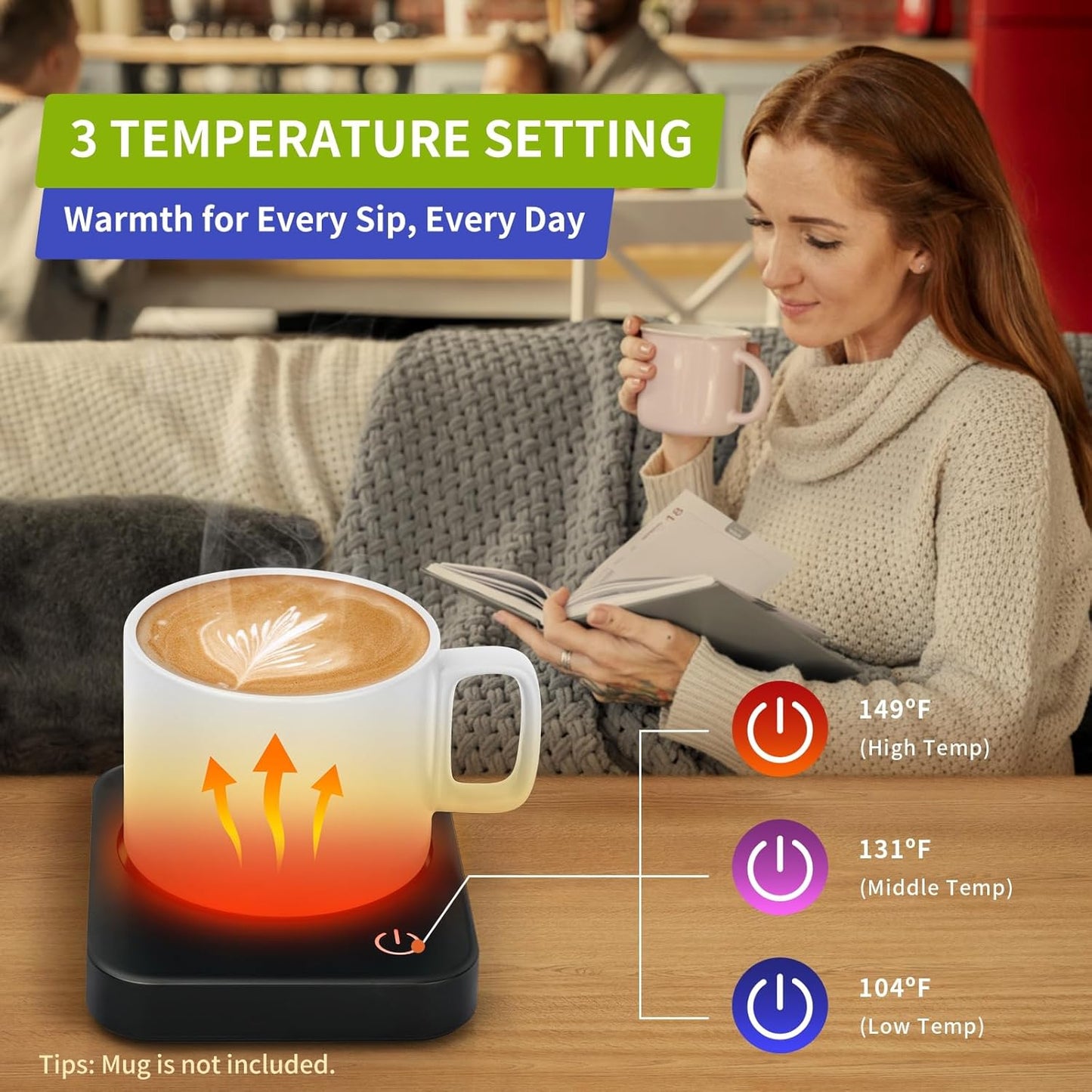 VOBAGA Coffee Mug Warmer for Desk with Auto Shut Off & 3-Temp Settings, Coffee Cup Warmer with Smart Safety Alert Home Office Accessory, Perfect for Coffee, Tea, Milk (Mug for Display)