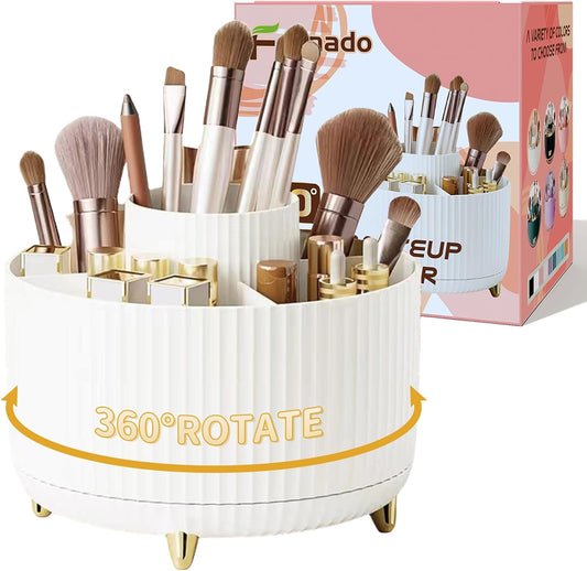360° Rotating Desktop Women Brush Holder Organizer, Makeup Organizers Countertop,Makeup organization and Skincare Storage for Vanity, Desktop, Bathroom (White-1)
