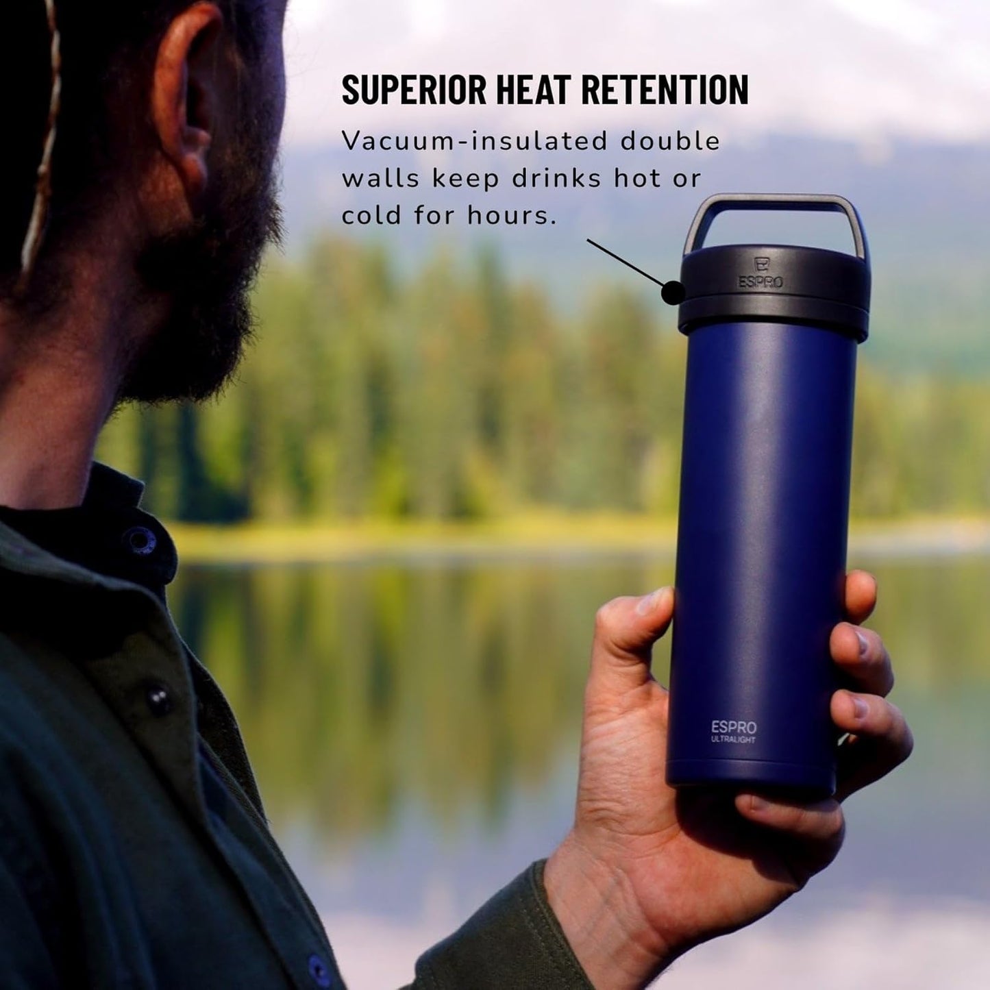 ESPRO P0 Ultralight French Press Coffee Maker for Travel, Vacuum Insulated Stainless Steel, 16 Ounces, Aegean Blue