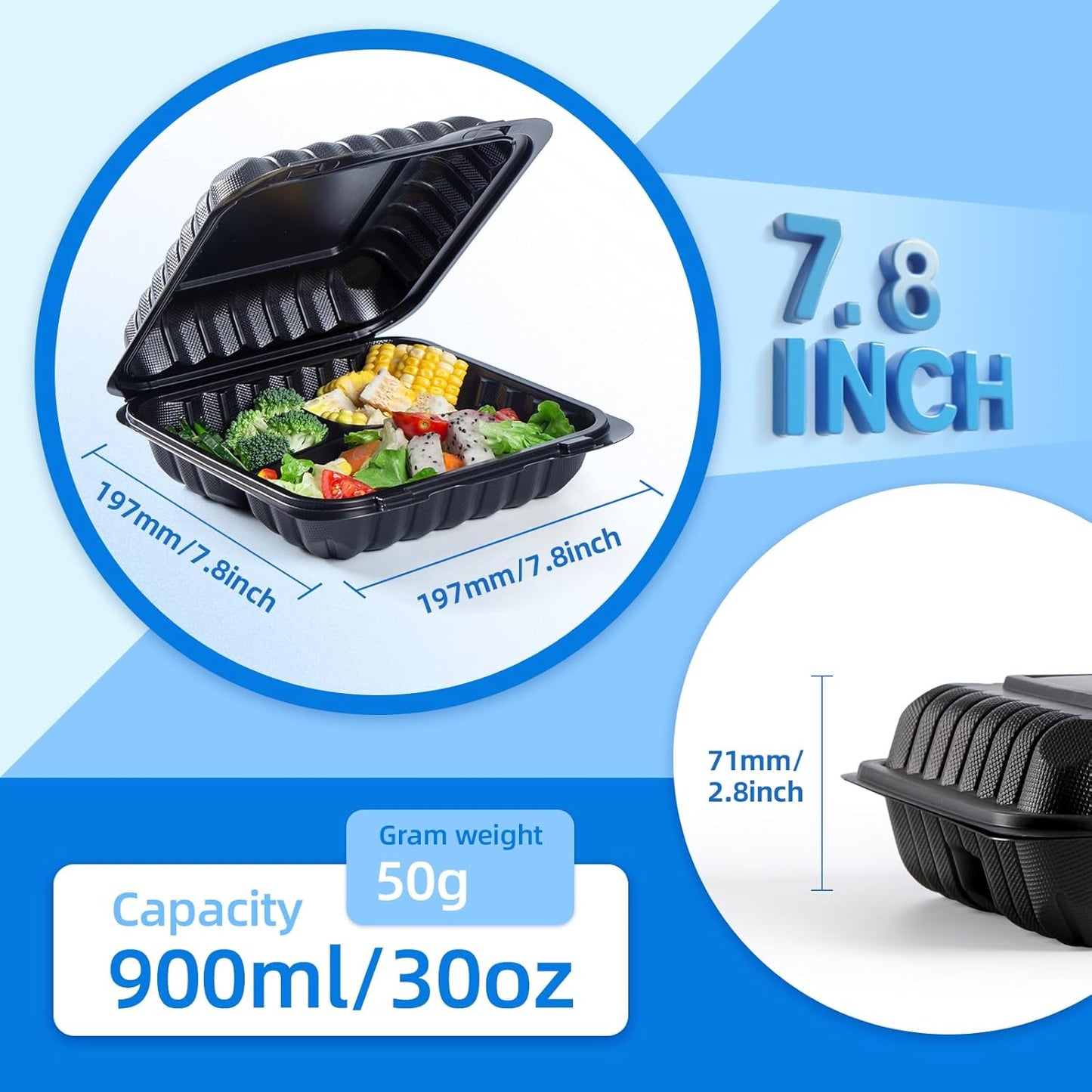 YANGRUI Disposable Containers 7.8" 30 oz 65 Pack - Shrink Wrap BPA Free Mineral Filled PP Plastic Food Container | 3 Compartment Freezer & Microwave Safe | Black Heavy Duty Clamshell Takeout Boxes