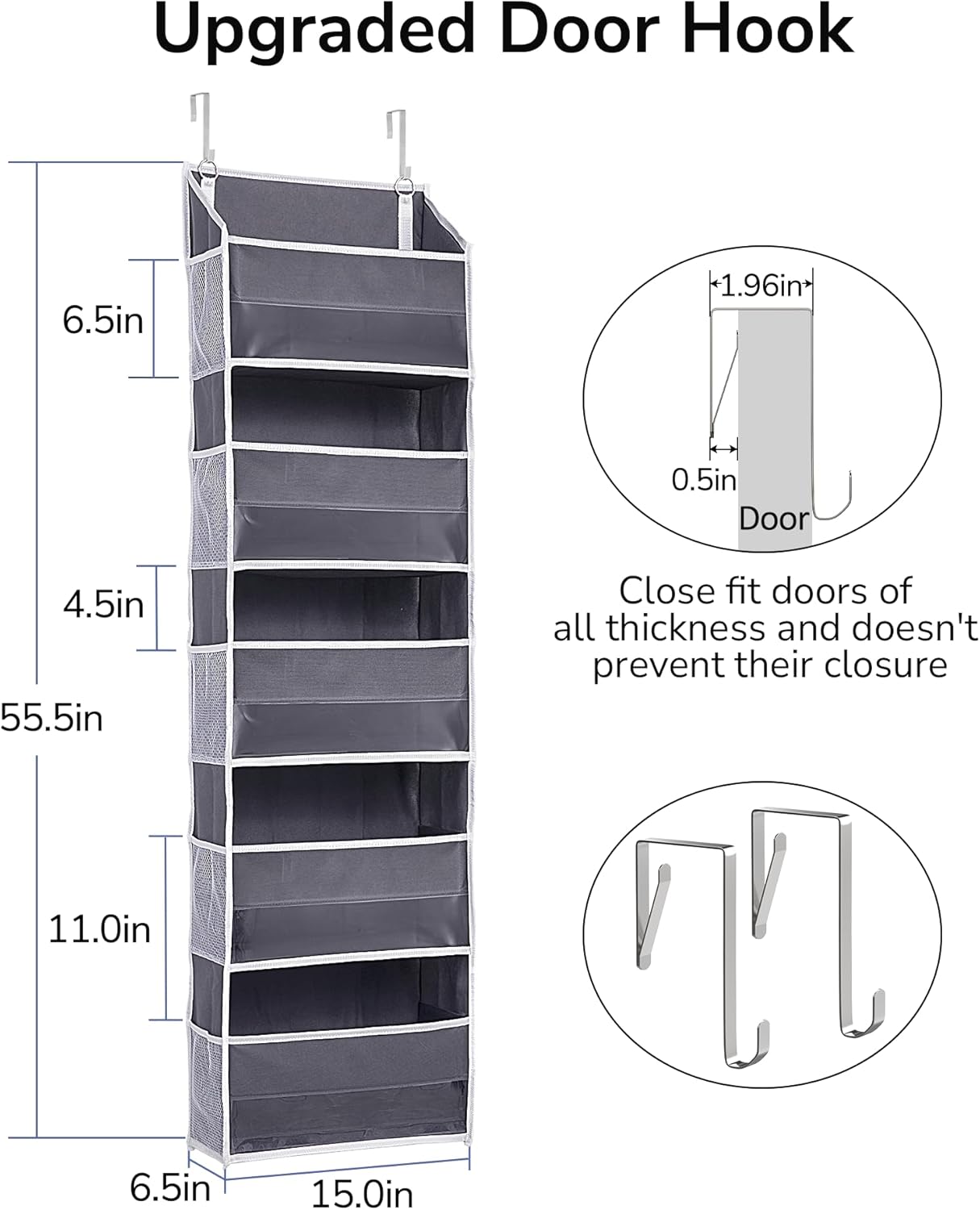 ULG 1 Pack Over Door Organizer with 5 Large Pockets 10 Mesh Side Pockets, 44 lbs Weight Capacity Hanging Storage Organizer with Clear Window Kids Toys, Shoes, Diapers, Dark Grey, 5 Layers