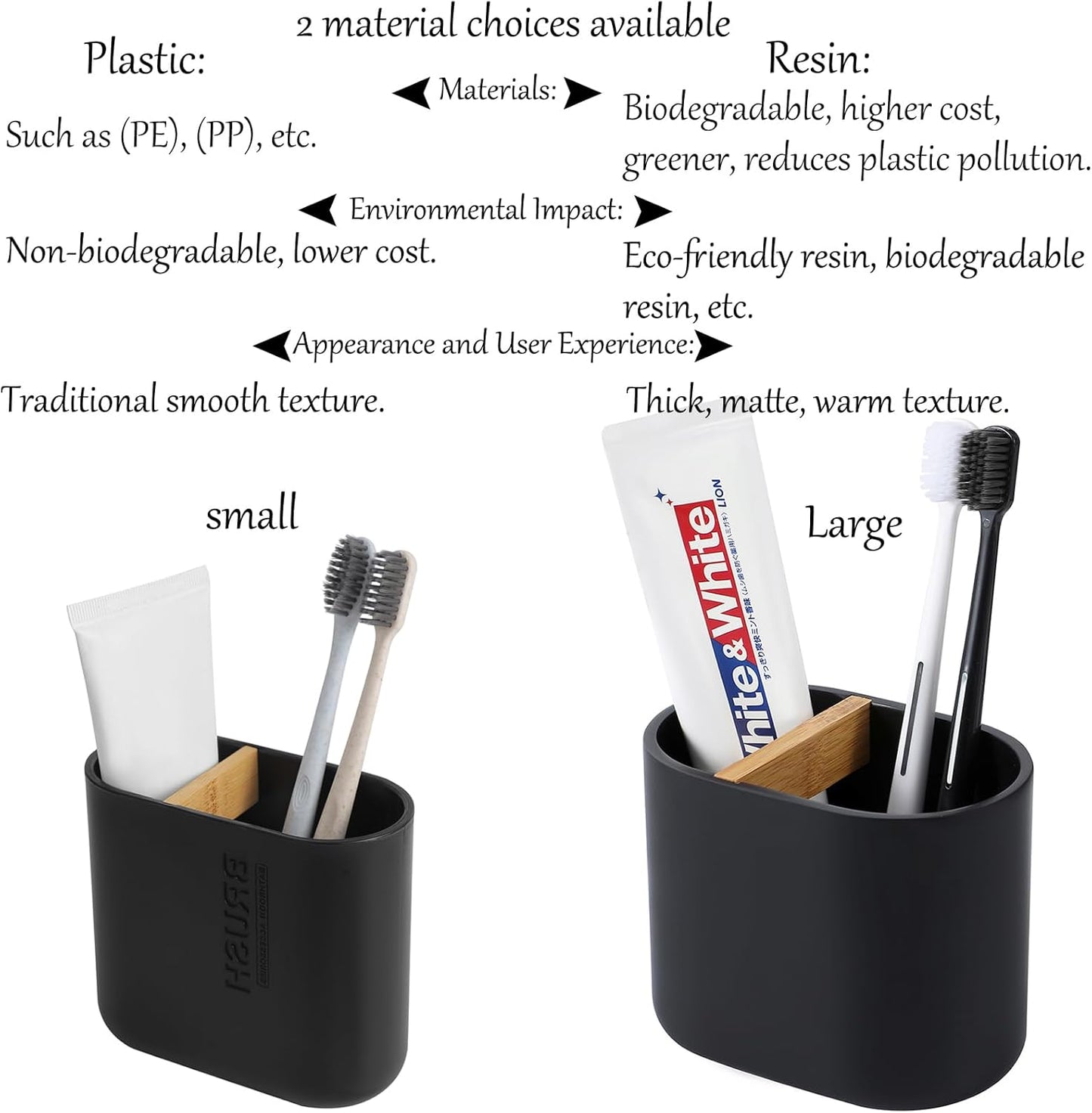 rejomiik Thick Resin Toothbrush Holders Bamboo Tooth Brushing Holder for Bathroom Countertop, Tooth Brush Storage Organizer Stand for Holds Toiletries and Beauty Accessories, Toothpaste, Razor, Black