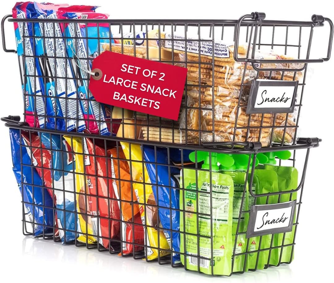 Granrosi Stackable Large Wire Baskets for Organizing — Set of 2 Snack & Chips Organizer for Pantry; Wire Storage Baskets with Handles; Large Bronze Chip Storage for Pantry