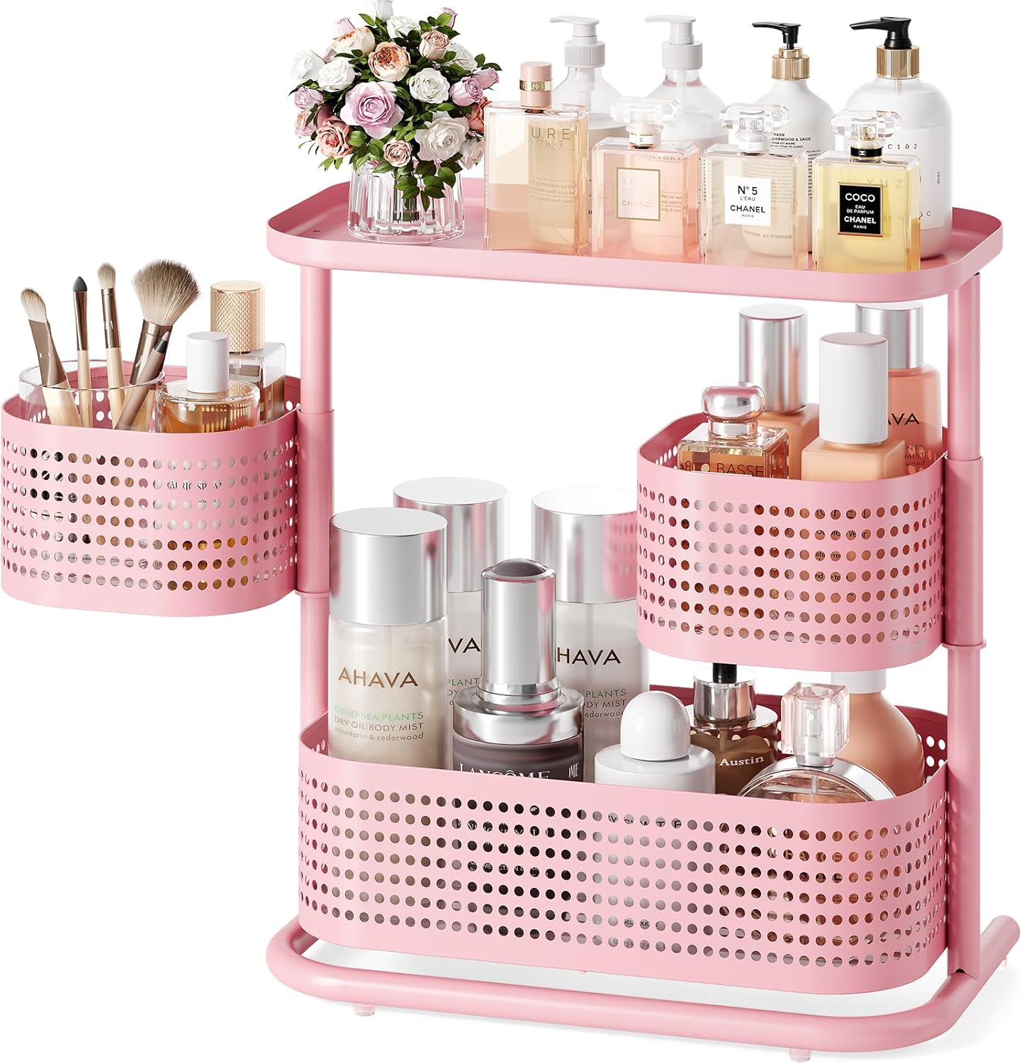 KINGRACK 3 Tier Bathroom Organizer Countertop, Multi-Purpose Makeup Organizer, Rotating Desktop Skincare Organizer, Vanity Tray Standing Rack for Bathroom, Pink