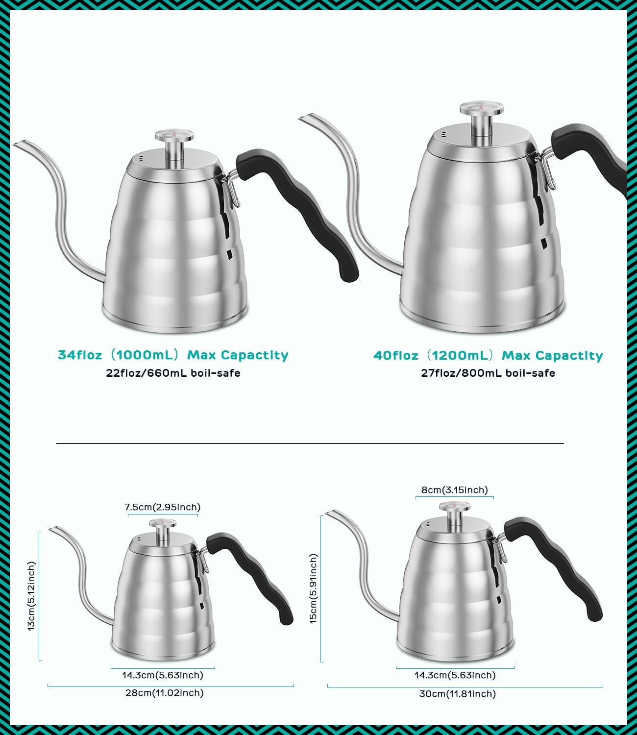 Coffee Gator Gooseneck Kettle with Thermometer - 40oz Premium Stainless Steel Pour Over Coffee Maker Kettles, Stove Top, w/Precision Drip Spout, for Drip Coffee, French Press, Tea Kettle, 5 Cup