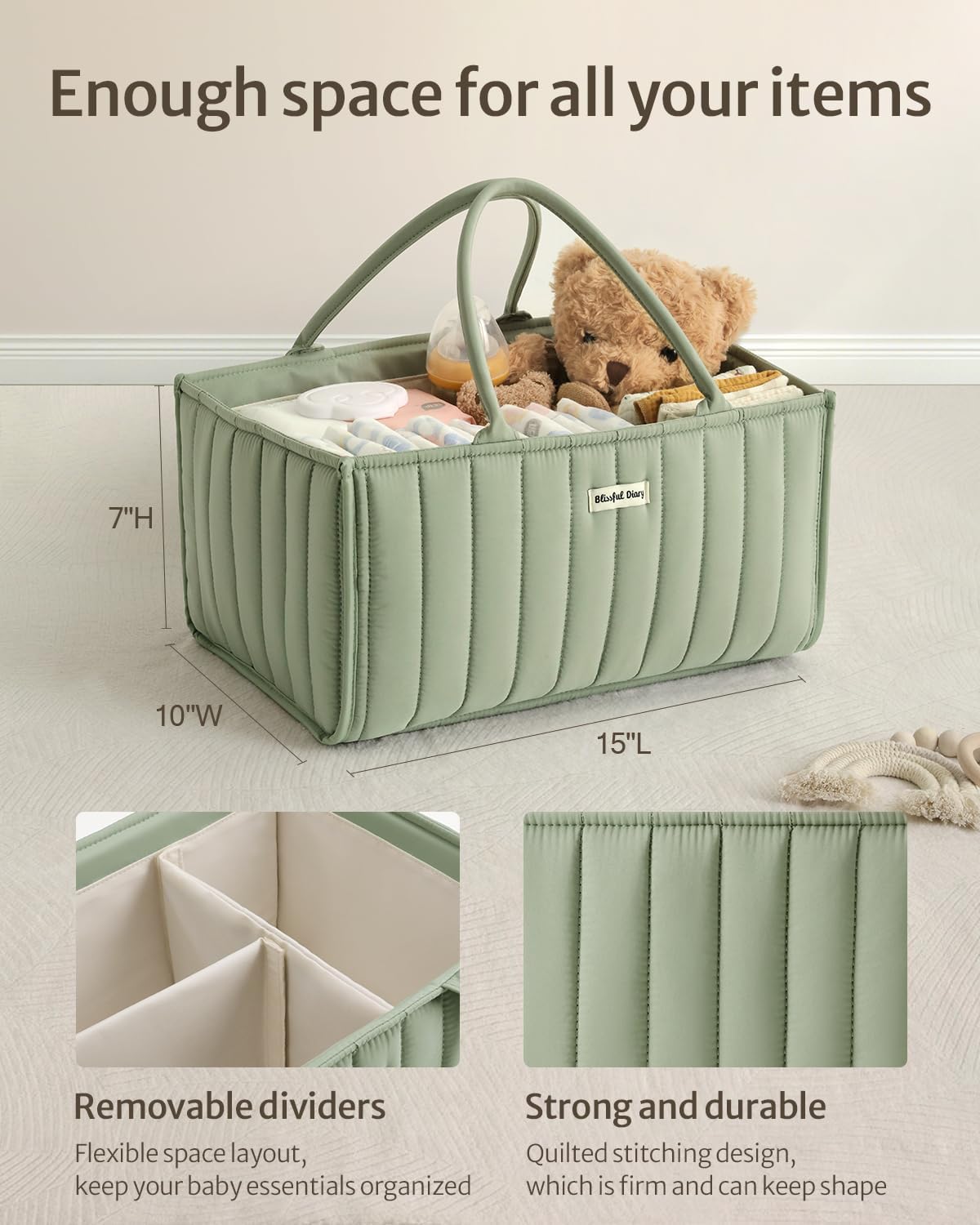 Blissful Diary Baby Diaper Caddy Organizer, Stylish Storage Basket for Newborn Essentials and Diaper Station, Gift for Baby Shower and Registry Must-Have, Sage Green