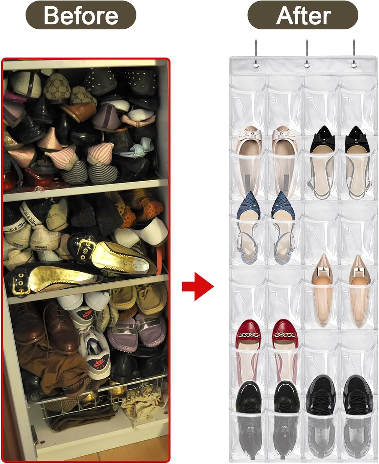 Over The Door Shoe Organizer - 2 Pack Shoe Rack for Door with 24 Pockets and Hooks, Shoe Holder Back of Door Organizers for Shoes, Hanging Shoe Organizer for Space Saving, White