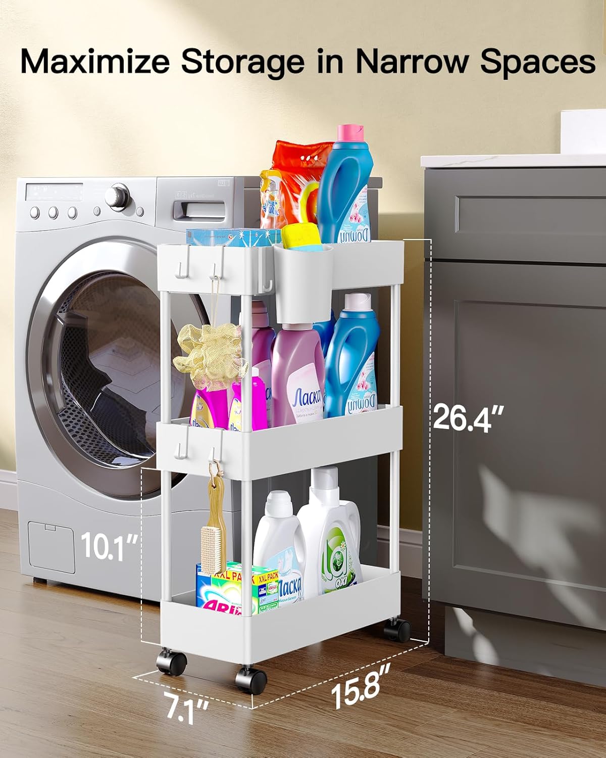 Pipishell Slim Storage Cart with Wheels, Bathroom Cart Organizer Storage Small, Rolling Carts for Bathroom, Laundry Room, Kitchen, Narrow Space, White PIUC04W